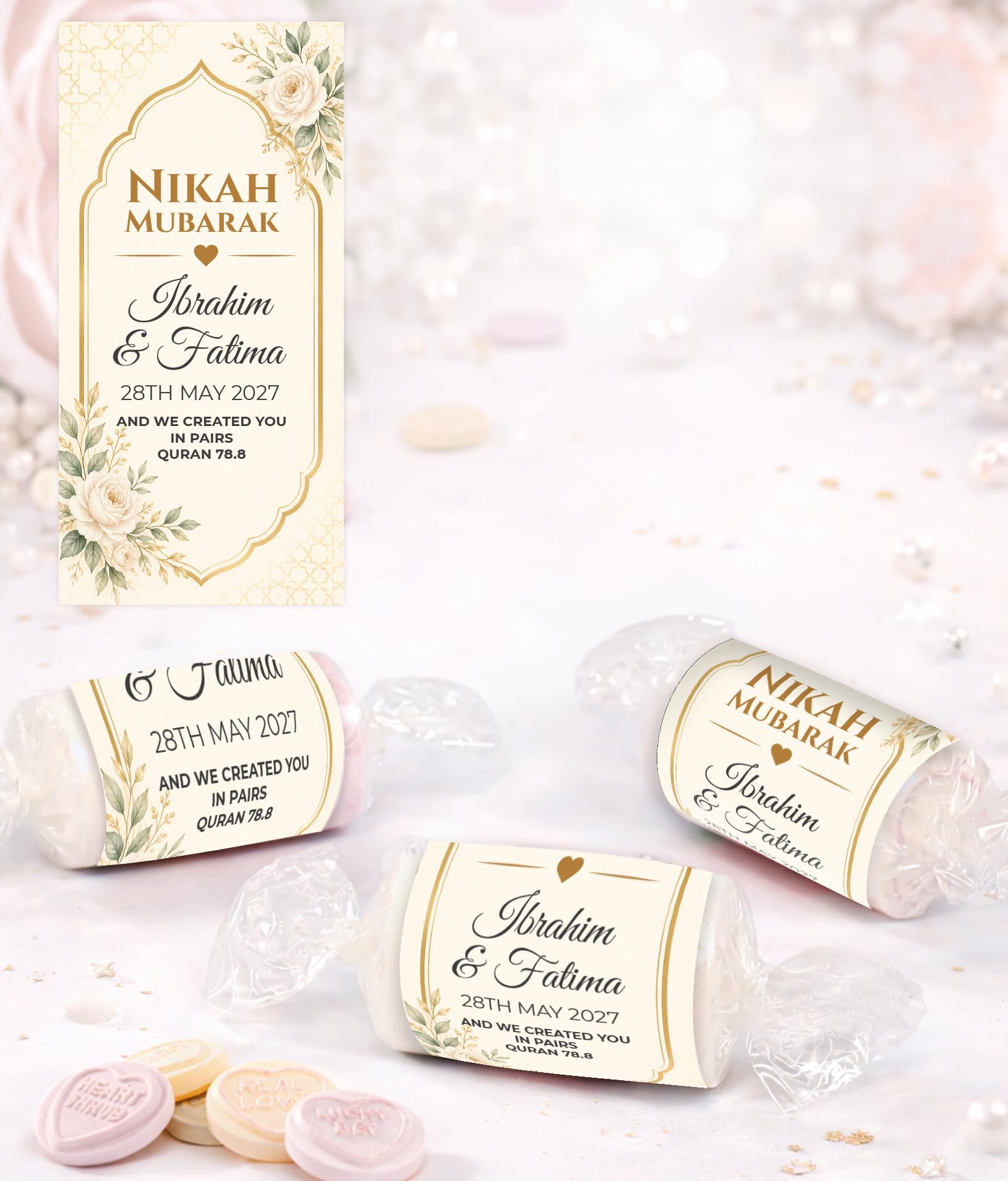 Personalised Nikah Mubarak Wedding Favours Love Hearts Sweets, Custom Wrapped Mini Sweets, Muslim Wedding Favours, Ready Wrapped Table Favours UK halal suitable (Ph74 Ivory Floral Gold)