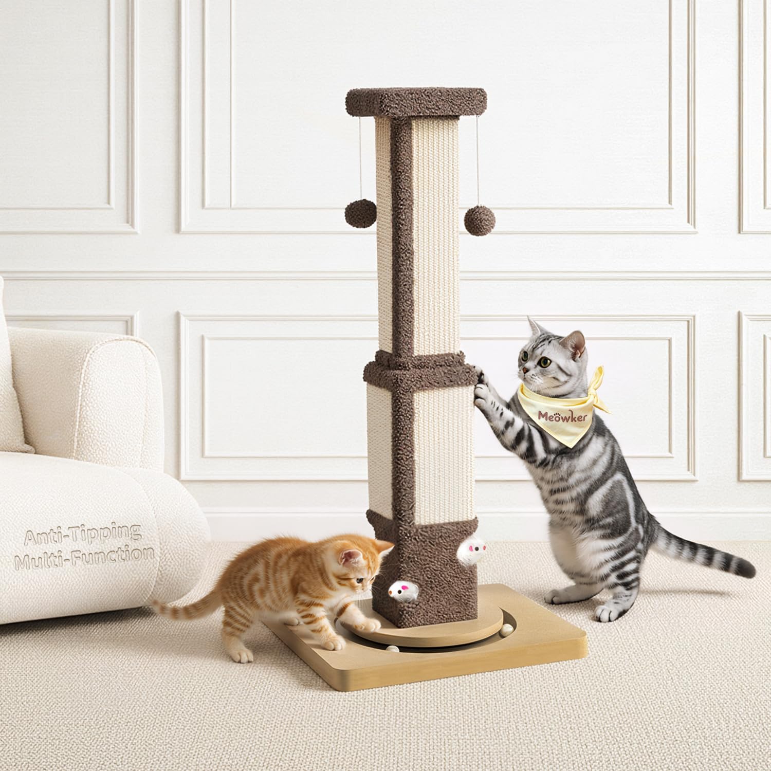 Tall Cat Scratching Post for Large Cats Kittens, 33" Indoor Sisal Vertical Pole Heavy Duty Square Structure with 4 Interactive Mouse Holes and Track Ball Base, Shields Furniture from Scratches