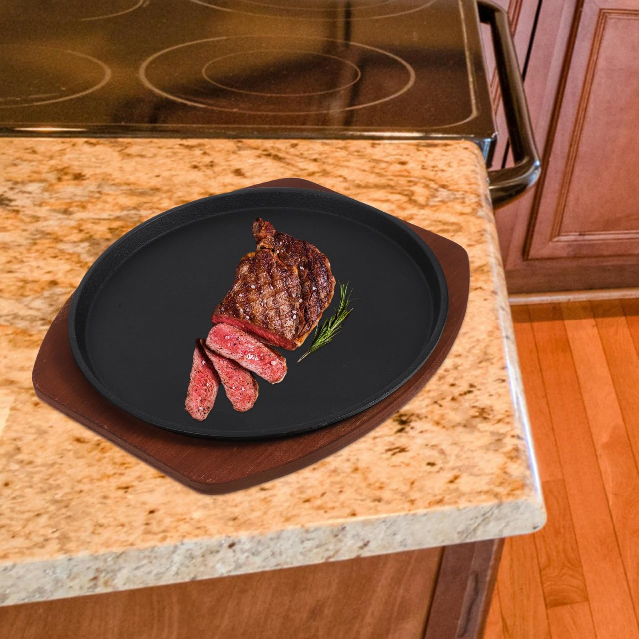 TIDTALEO Plato De Carne De Hierro Fundido 10.82X10.03In Con Base De Madera SartéN Para Asar Uniforme Y Resistente Para Parrilla Hogar Cocina