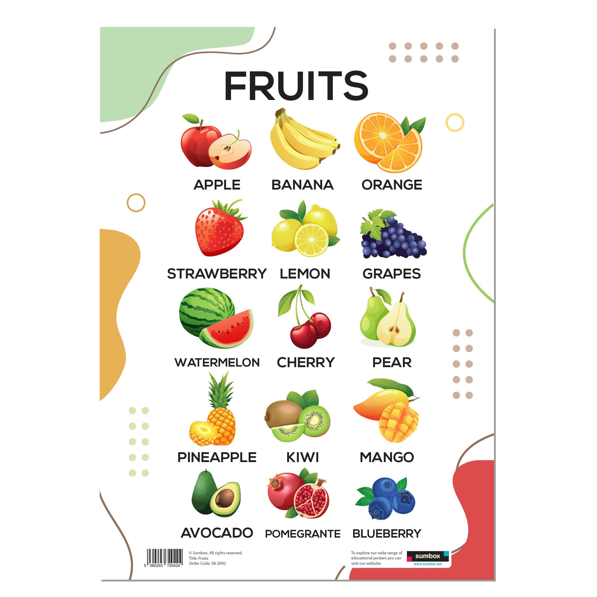 Sumbox Educational A3 Posters for Toddlers - Alphabet ABC, Numbers, Shapes & More - Kids Learning Posters for Children, Early Years Nursery Decor, Preschool Wall Charts (Fruits)