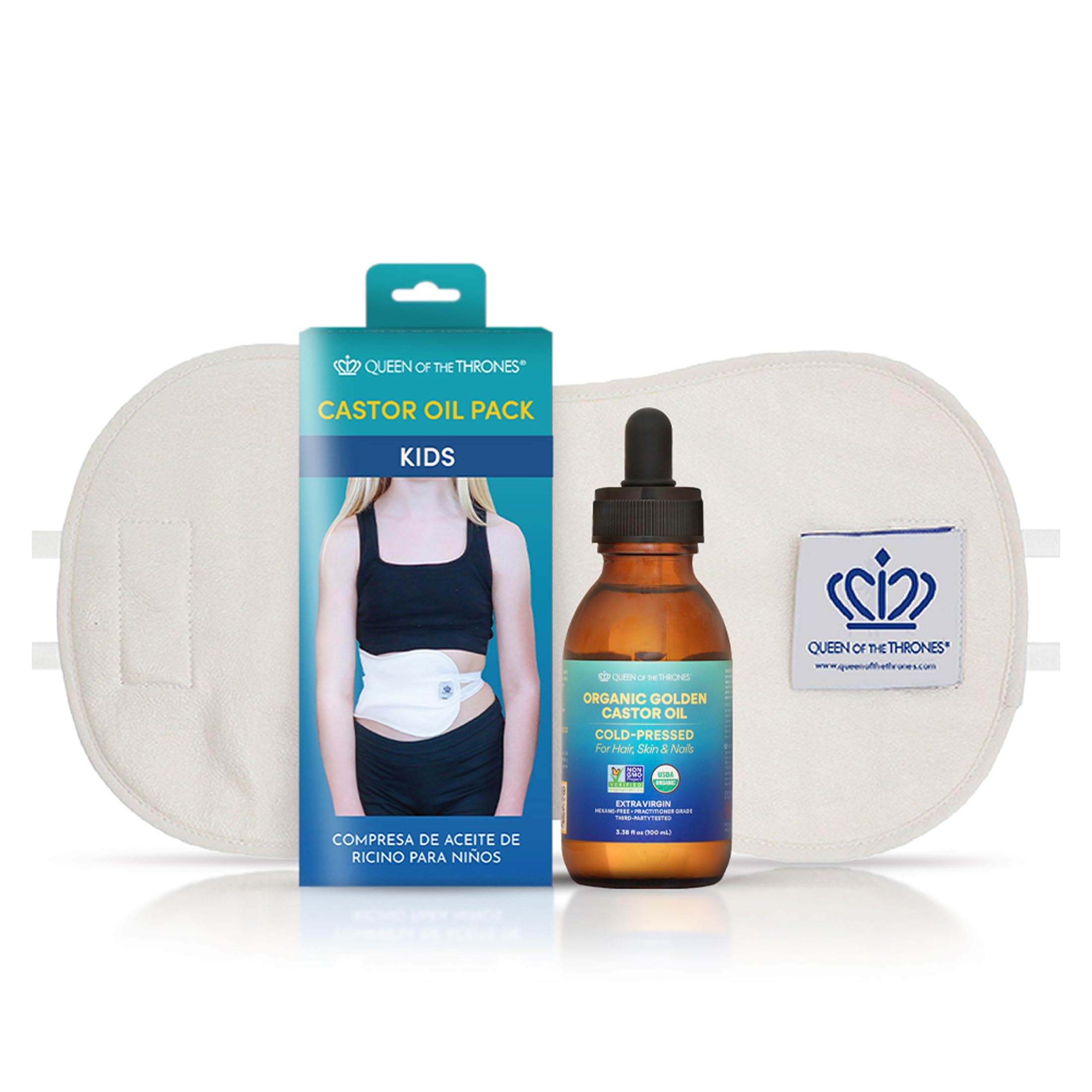 QUEEN OF THE THRONES Castor Oil Pack for Kids Kit - Heatless, Less-Mess, Reusable - Organic Cotton Flannel, Comfort Fit, Soft Straps & Naturopathic Doctor Designed (3.38oz Organic Castor Oil Included)