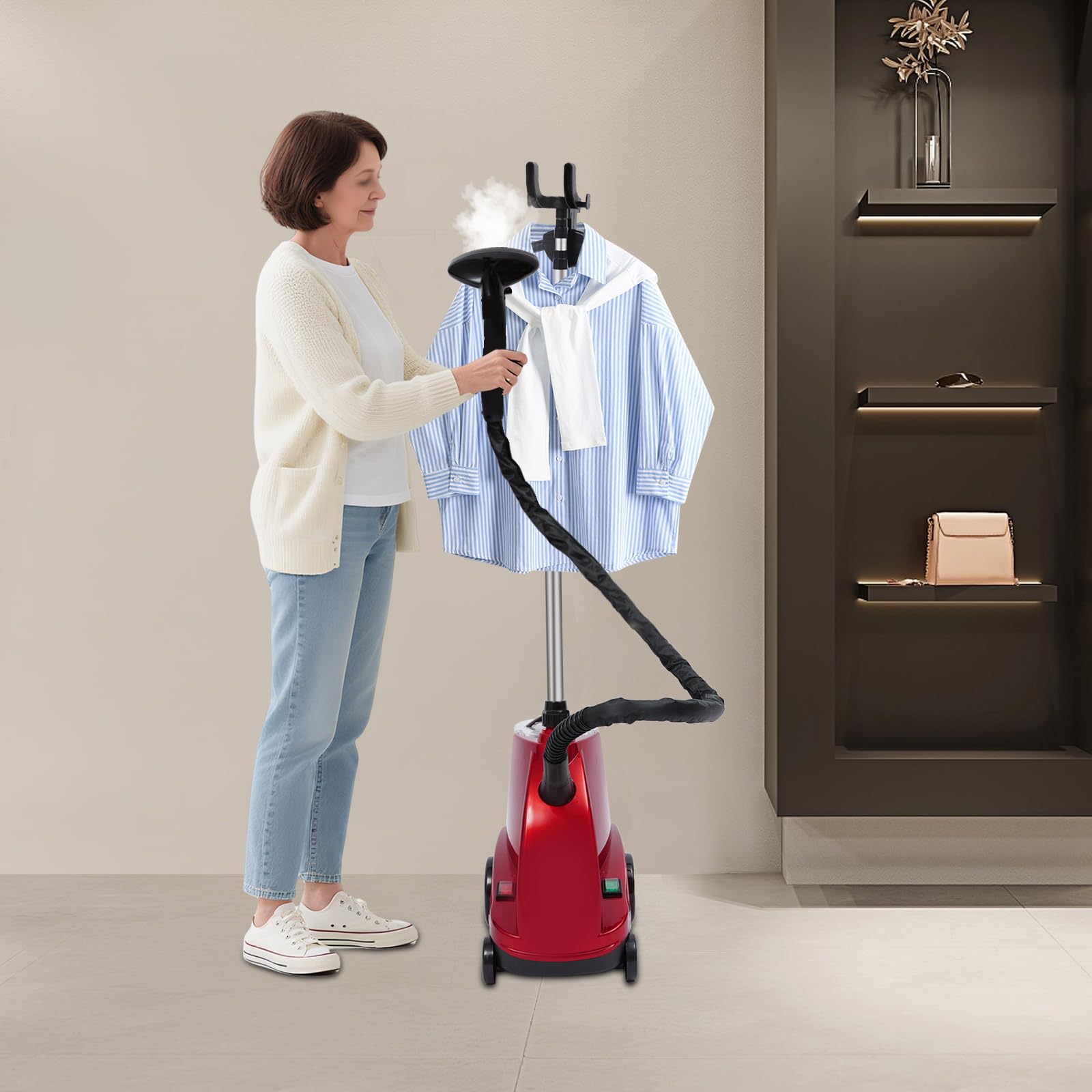 Vaporizador vertical y plancha de vapor 2500 W, plancha de vapor para ropa, cepillo de vapor profesional de 0,8 a 1,8 m de altura ajustable, depósito de agua de 3 l y 3 ajustes de vapor para una