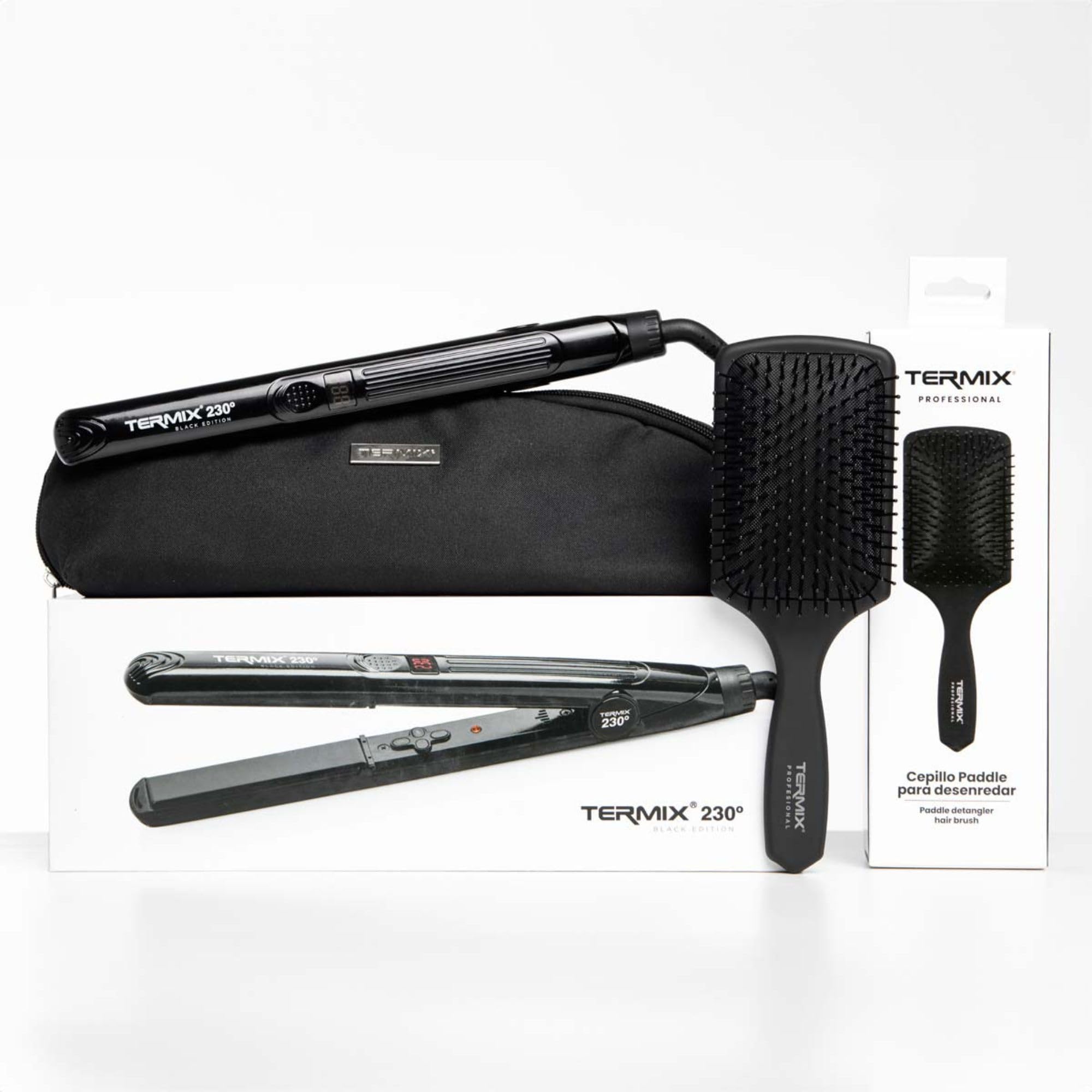 TERMIX - Pack Plancha de Pelo Profesional 230º + Cepillo Paddle Brush | Tratamientos Capilares | Cepillado Profesional | Plancha con Placas de Cerámica | Temperatura Ajustable| Nano Tecnología.
