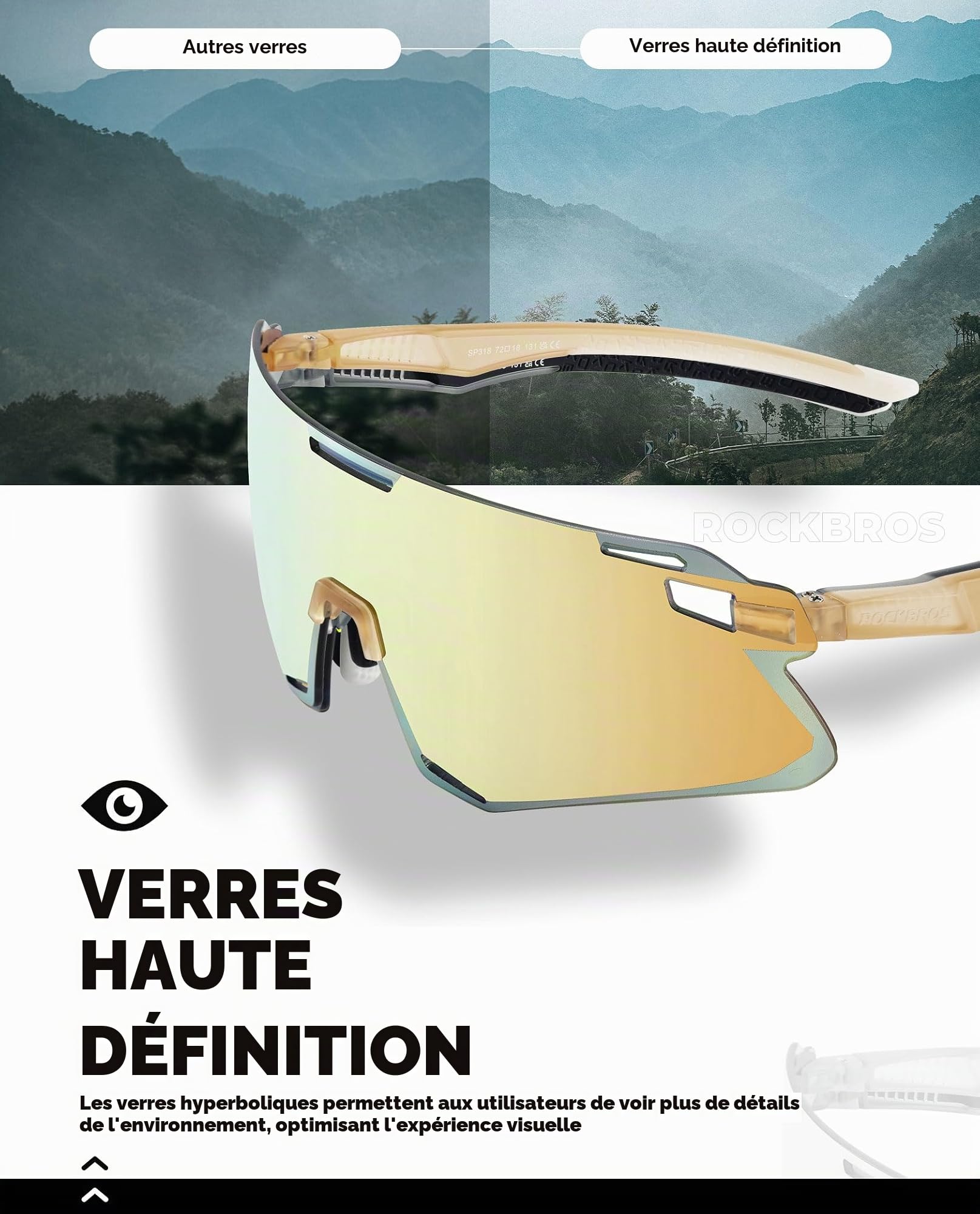 ROCKBROS Lunettes de Cyclisme Homme Femme Lunettes de Soleil TR90 Cadre Mémoire Léger Coupe-Vent Lentille Incurvée Haute Définition Protection VTT Vélo Route Pêche Course