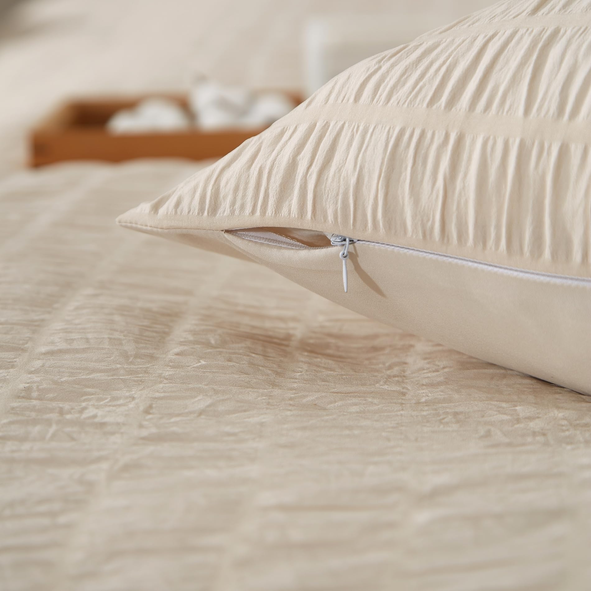 set di biancheria da letto in seersucker, 220 x 240 cm, beige a righe, stile moderno, 3 pezzi, in microfibra, morbido, traspirante, con copripiumino e 2 federe da 80 x 80 cm, con cerniera