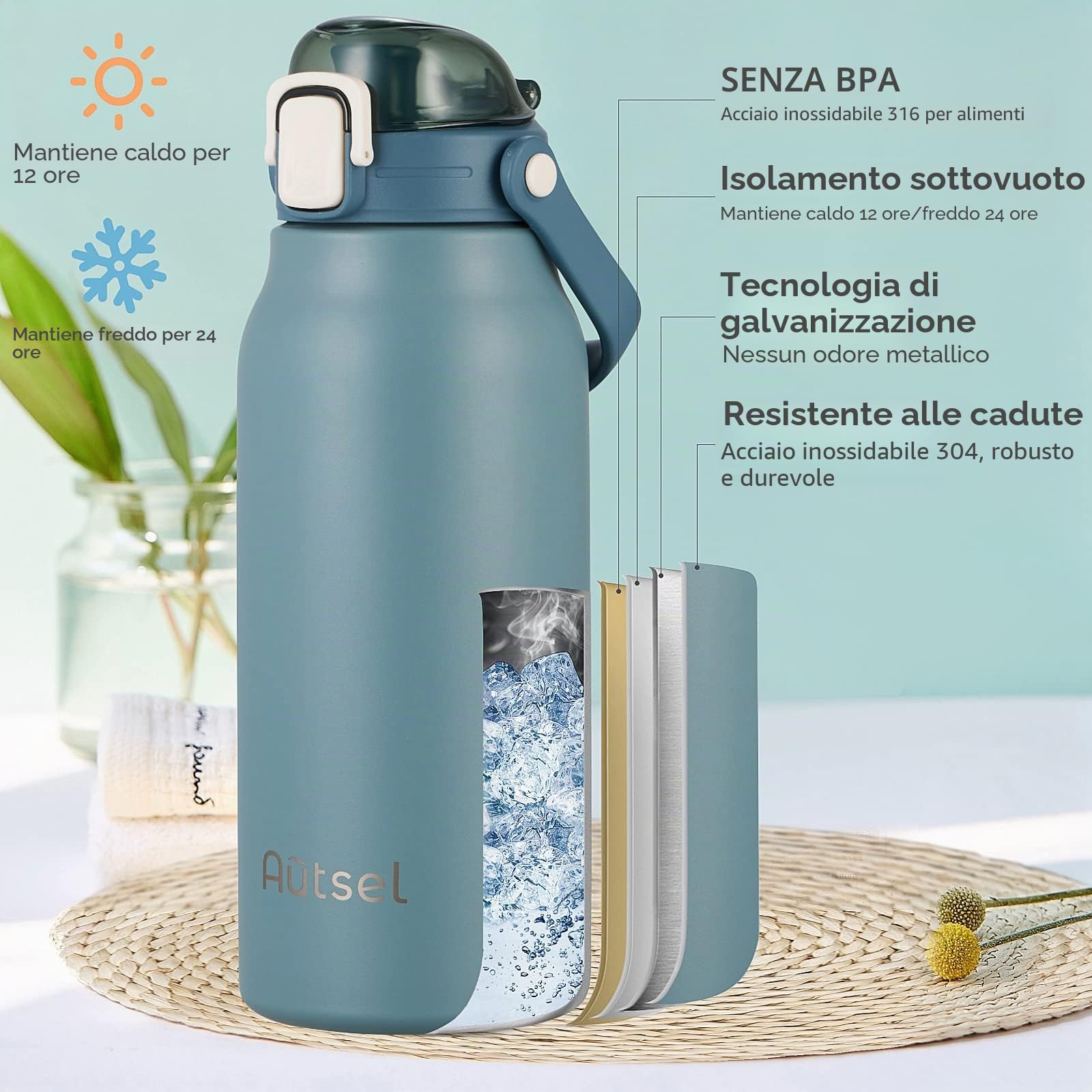 Borraccia Termica 1.7 litro Bottiglia Termica Senza Perdite Borraccia Palestra Sportiva in acciaio inox, rimanere fredde 24h o calde 12h, Senza BPA, per Sport, Yoga, Ciclismo
