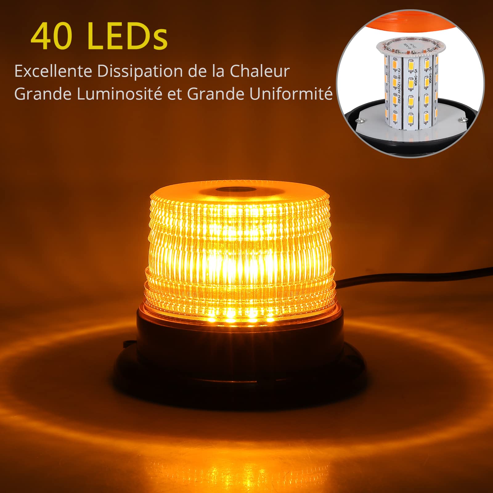 PROZOR Gyrophare Orange 40 LEDs Girophare LED Vehicule 40W 12/24V E-mark Clignotant Magnétique d'Urgence Avertissement Strobe ON/OFF, 7 Modes Flash IP67 Lumière Balise Ambre avec 5M Allume-Cigare