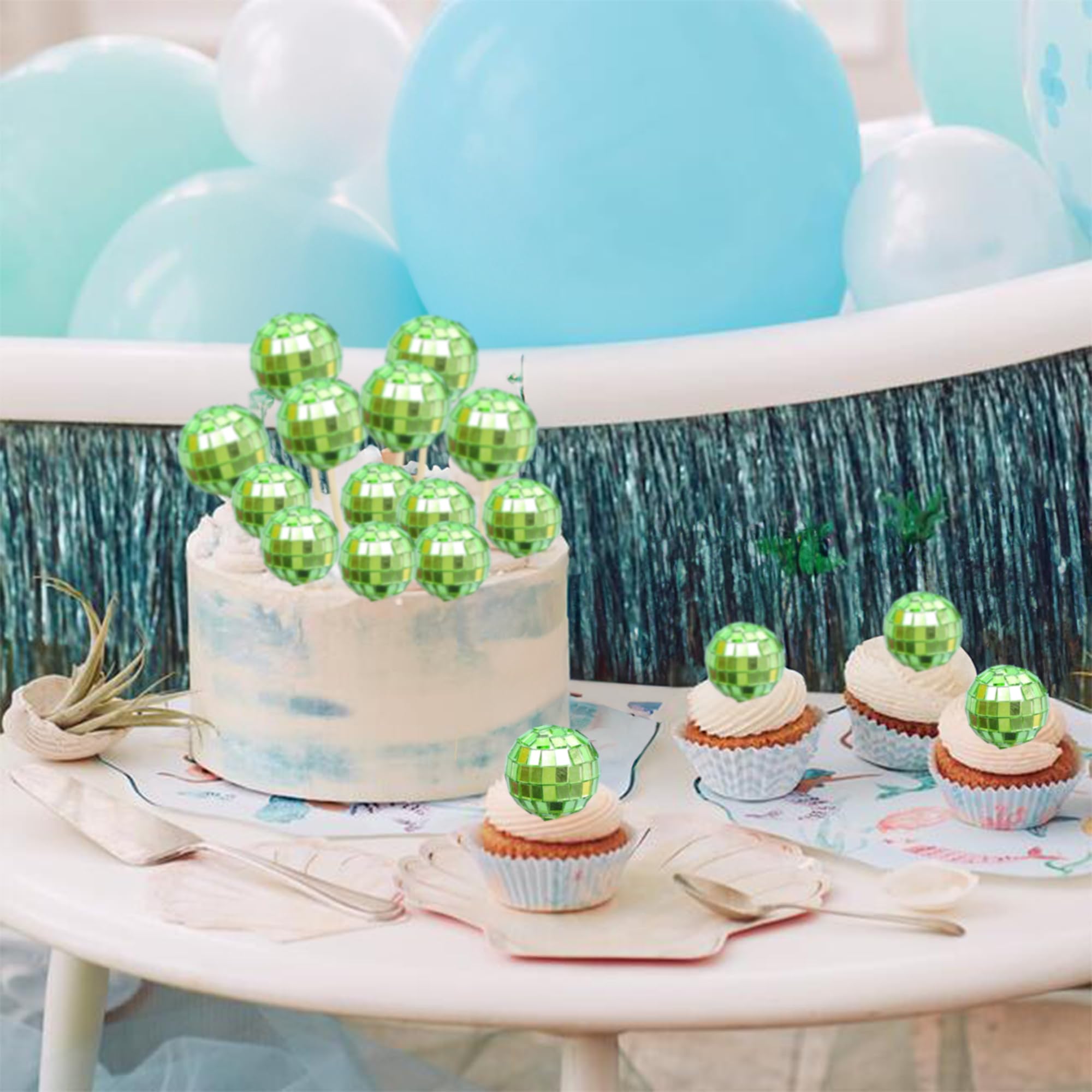 Ephlyn 24Pcs Green Disco Ball Cupcake Toppers and Picks - Mini Cake Decorations for 70s Disco Theme Party - Image 4