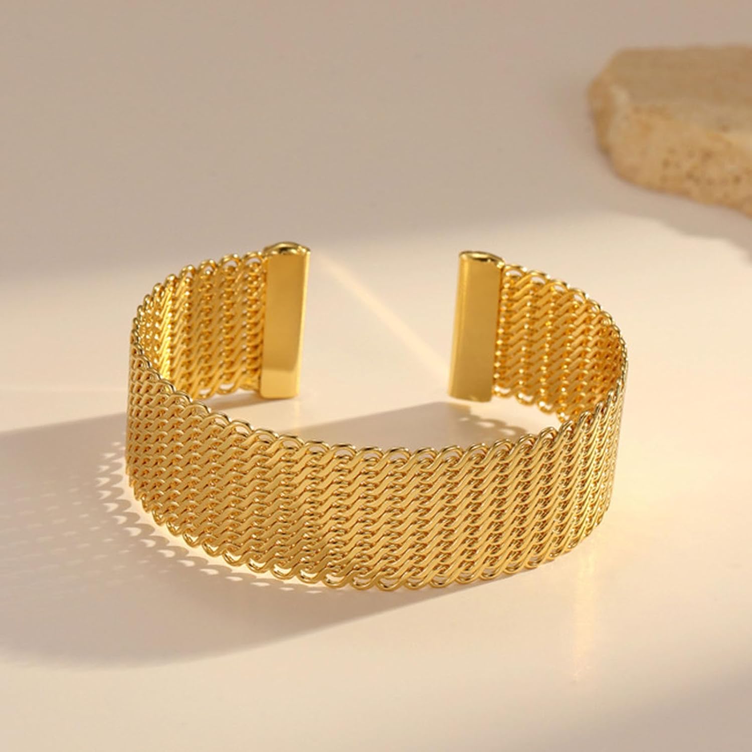 Gold Open Cuff Bracelet for Women - Adjustable Woven Stainless Steel Bangle, Stackable Vintage Jewelry with Braided Design - Image 3