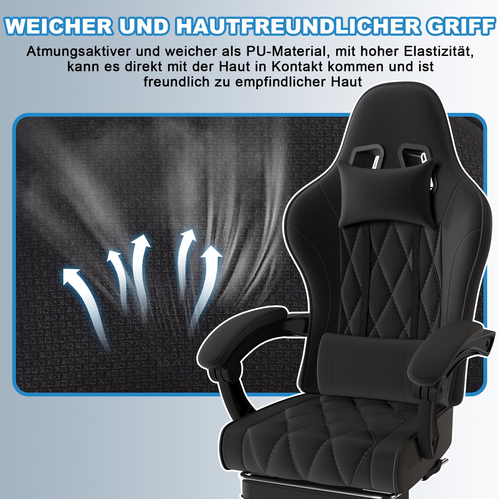JUMMICO Gaming Stuhl Stoff mit Federpolsterung, Ergonomischer Bürostuhl mit Massager. Gaming Chair mit Kopfstütze, Fußstütze, Höhenverstellbar. Gamer Stuhl 150 kg belastbarkeit, Schwarz