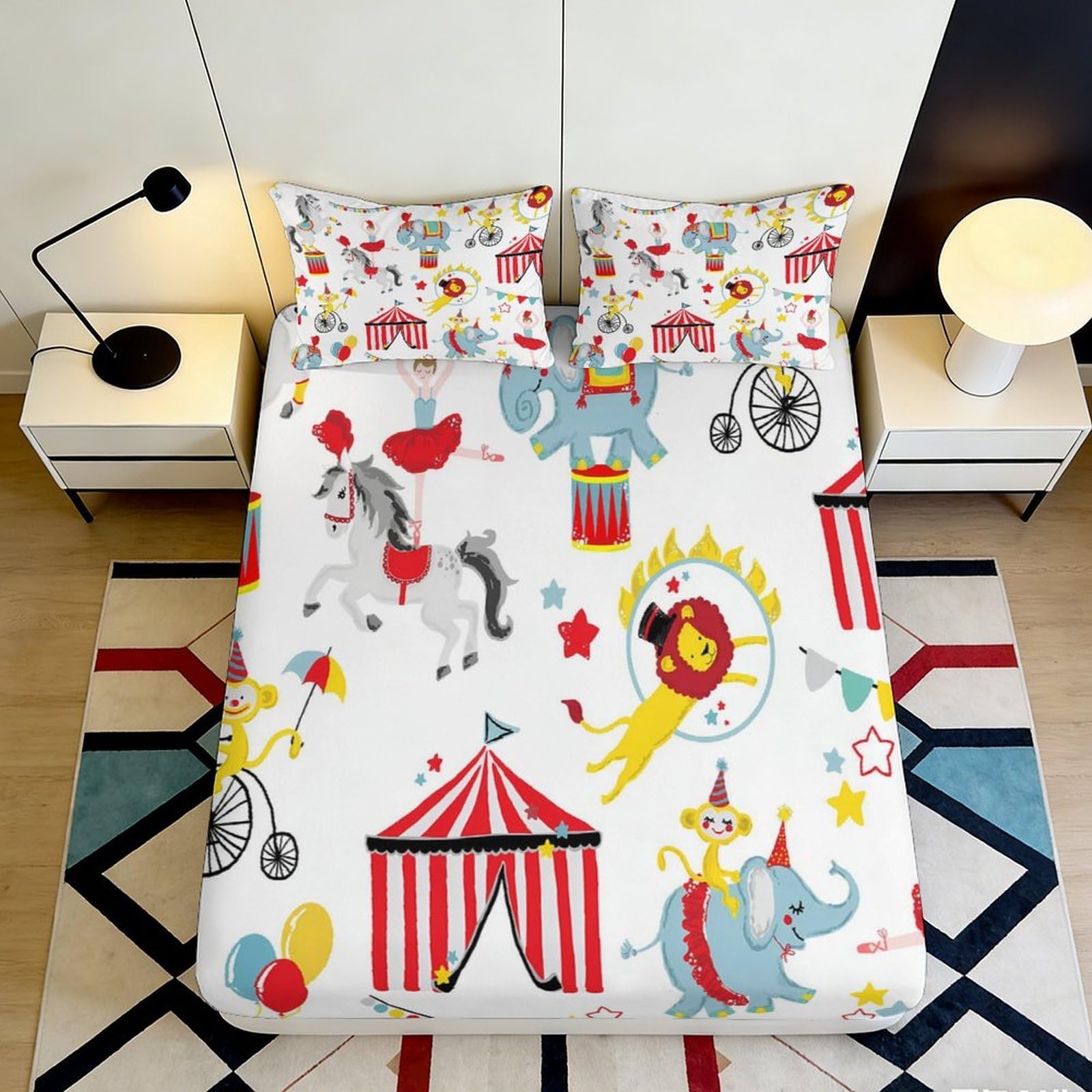 3D Printed Circus Animals Fitted Sheet Microfiber Soft Breathable Carnival Tent Mattress Cover for Bedroom Dorm Decor 90x200x25cm