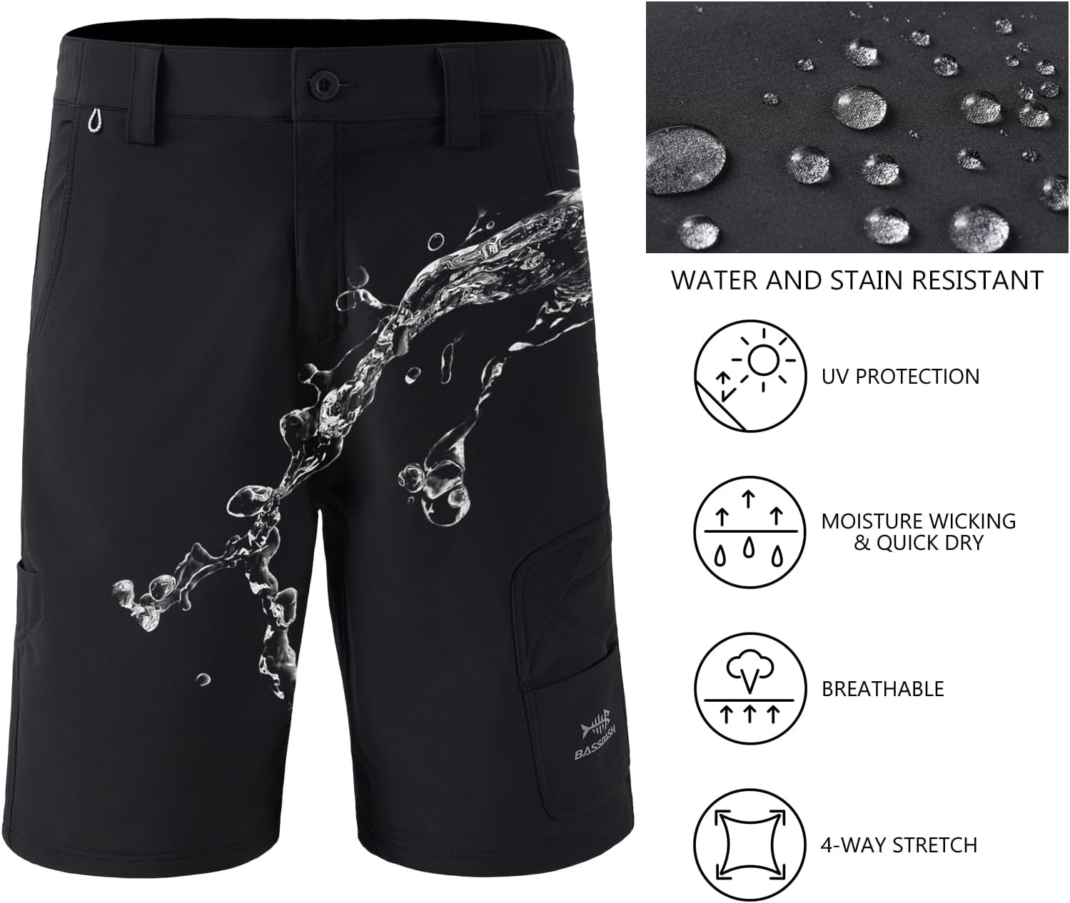 BASSDASH 10.5” Mens Fishing Cargo Shorts Quick Dry UPF 50+ Water Resistant FP01M - Image 3