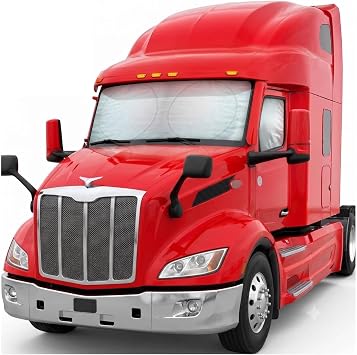 BDK Motor Trend Semi Truck Steering Wheel Cover & Windshield Sunshade Bundle 18" Leather Steering Wheel Cover with Wrap Around Privacy Windshield Sun Shade for Big Rigs & Commercial Trucks