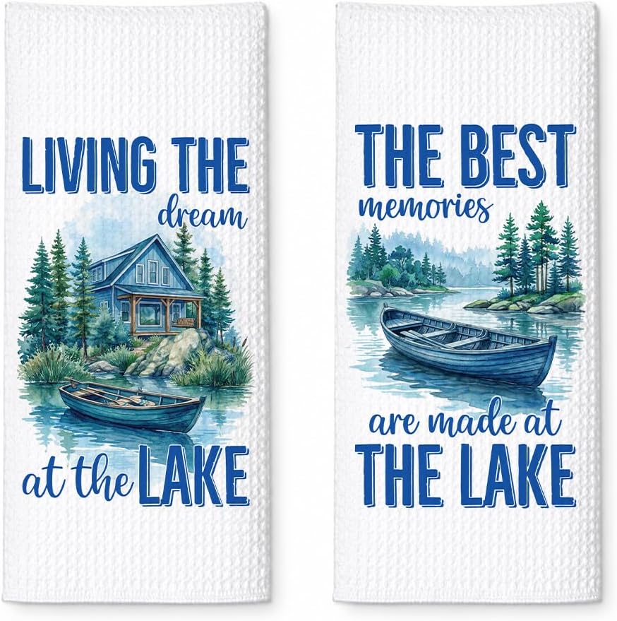 Living the Dream at the Lake Microfiber Waffle Kitchen Towels, 2 Pack