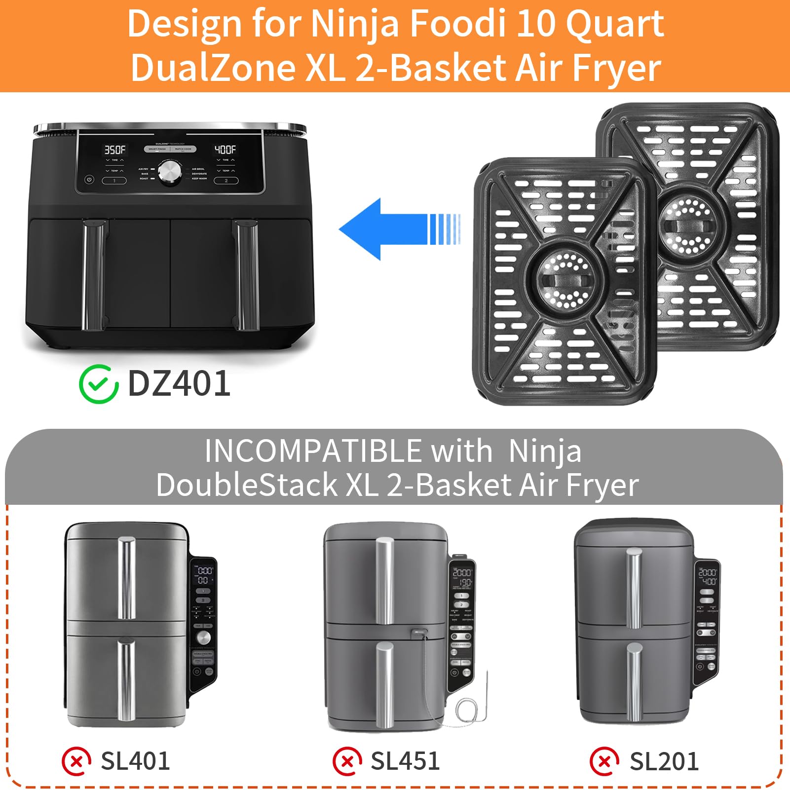 Plaque Grill Pour Ninja Foodi DualZone DZ090 DZ201 DZ100 - Lot 2 Grilles Crisper Plate Inox, Accessoire Compatible Air Fryer