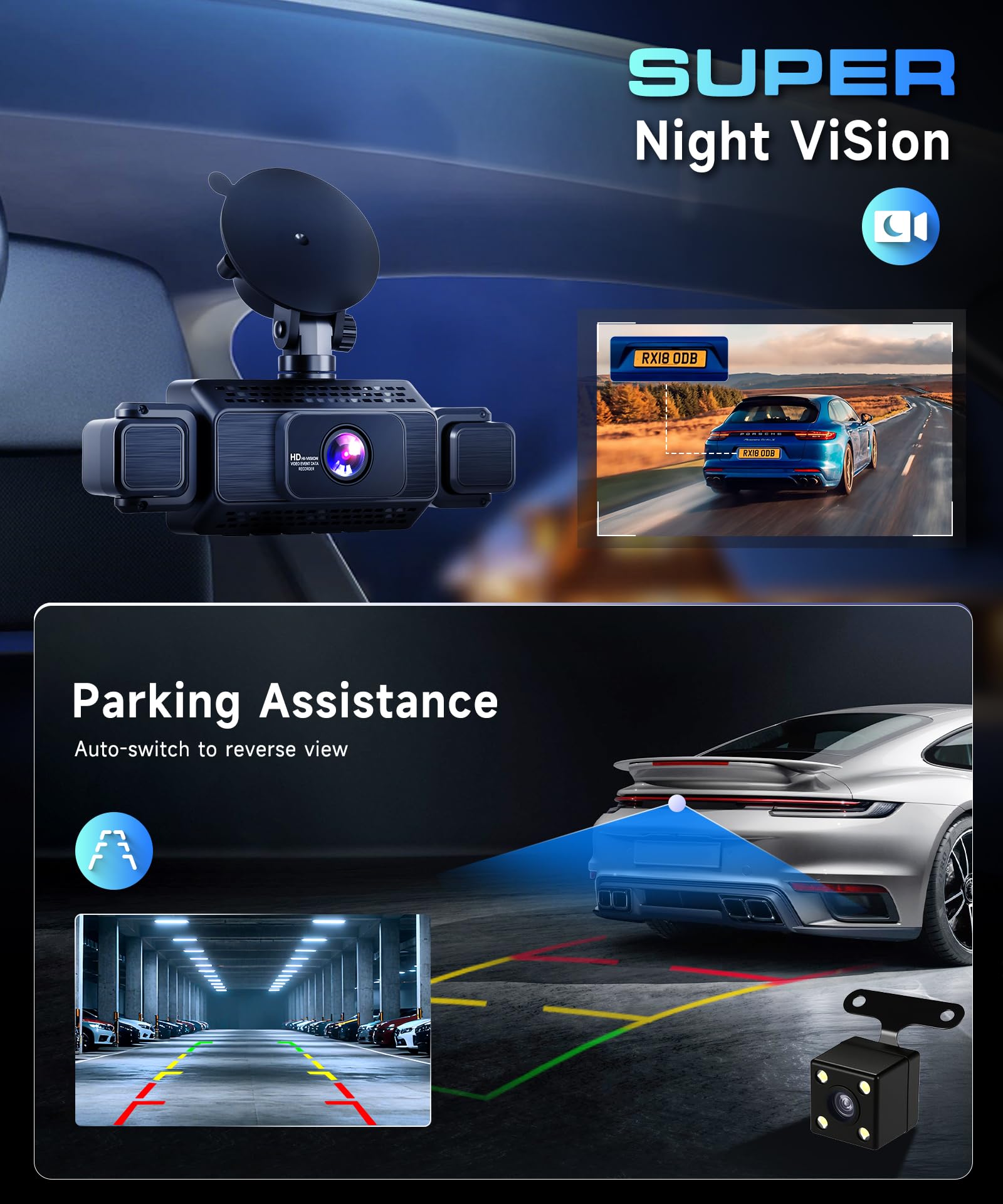 VECHTEL 2K Dashcam per auto anteriore e posteriore con WiFi, 4* Dash Cam 480P Telecamera per auto con schermo IPS da 3 pollici,visione notturna,sensore G,protezione a 360 gradi,con 64 GB