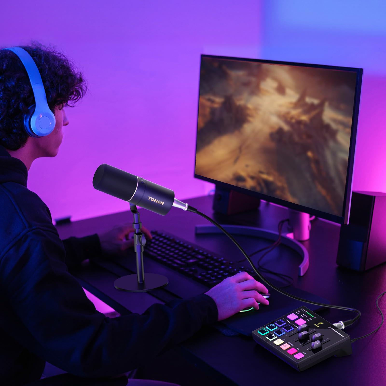 TONOR Gaming Mixer Audio PC, Mixer RGB con Canale XLR e 6,35 mm per Streaming, Podcast, Registrazione, Interfaccia Audio per TikTok, Youtube, Twitch, Controllo del Volume Individuale, Pulsante Mute