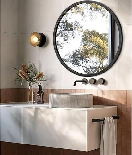 Miniatura 288 de JJUUYOU Espejo circular de pared redondo para baño, espejo de tocador gris, pequeño círculo decorativo para pared, marco de madera, espejo