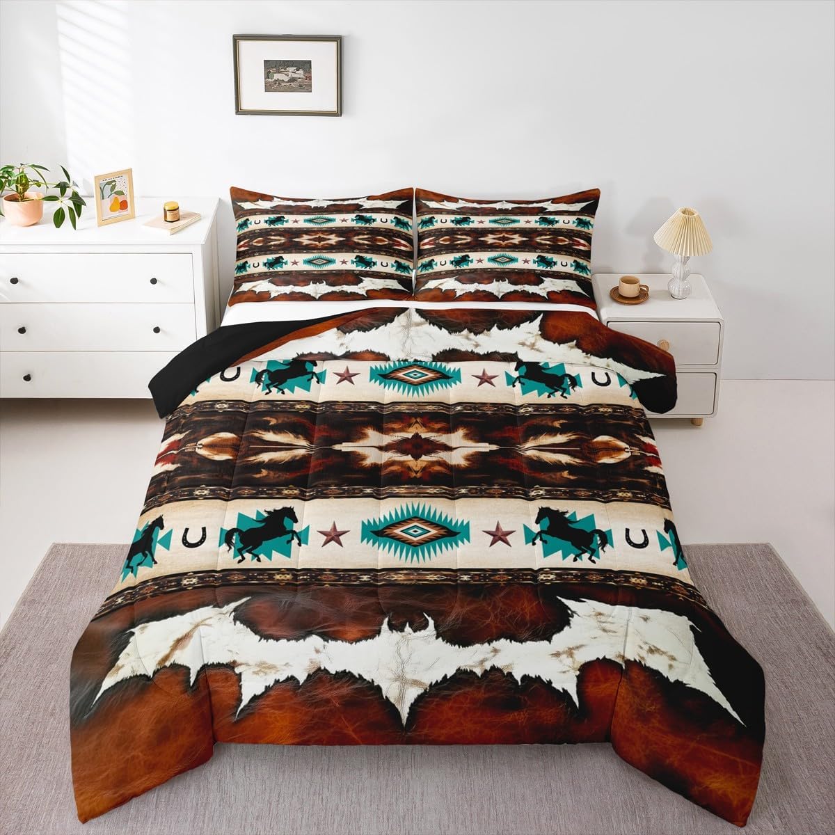 Feelyou Horse Comforter Set Cowhide Cow Print Retro Fur Bedding Set with 2 Pillow Cases Boho Rustic Farmhouse Style Kids Queen Bedclothes Exotic Geometric Bedroom Decor Western Aztec Duvet Quilt