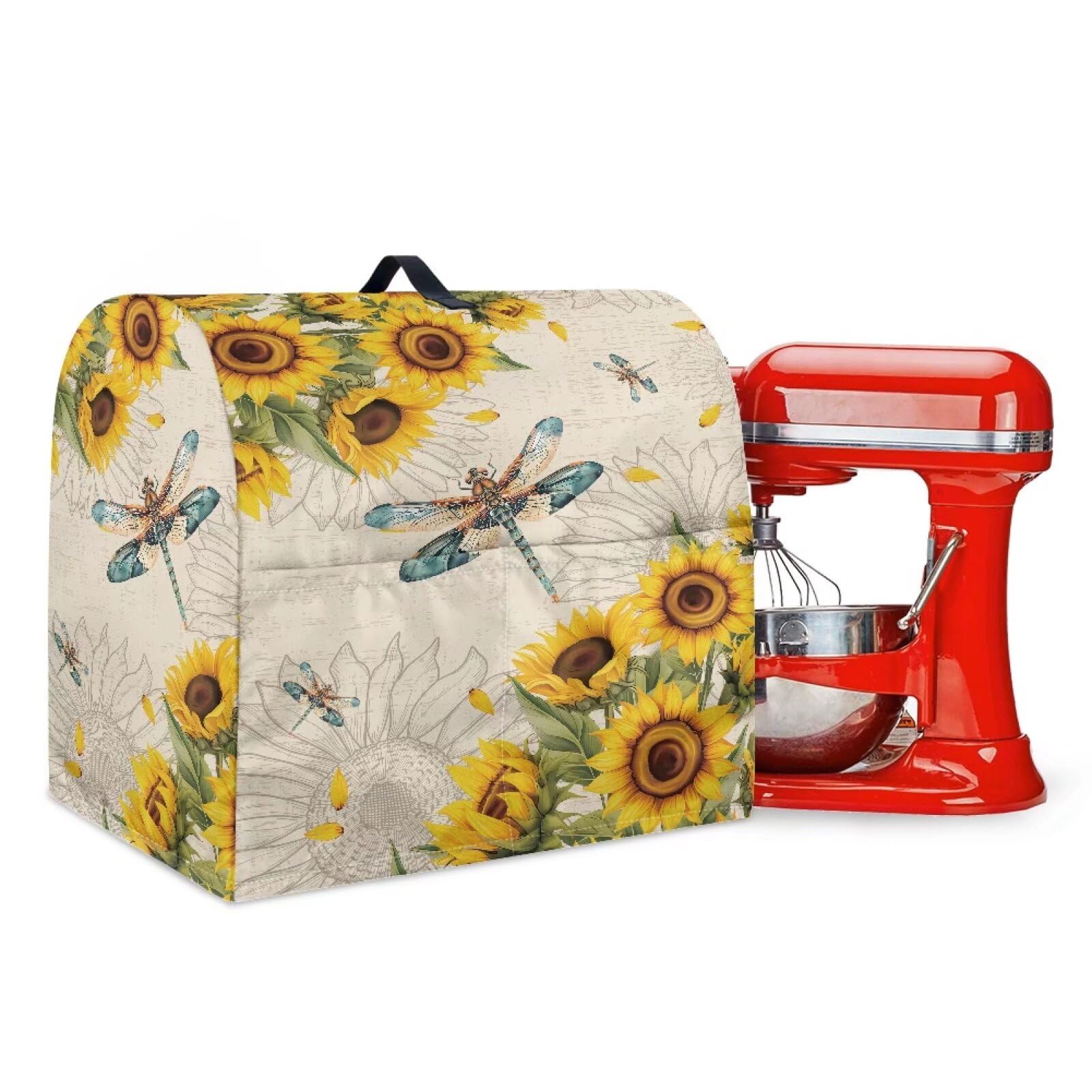 Talayituse Dragonfly Sunflower Print Kitchen Aid Mixer Cover, Stand Mixer Cover Compatible with 4.5-5 Quart Kitchenaid/Hamilton Stand Mixer, Kitchen Aid Mixer Accessories Dust Cover with Pockets, S