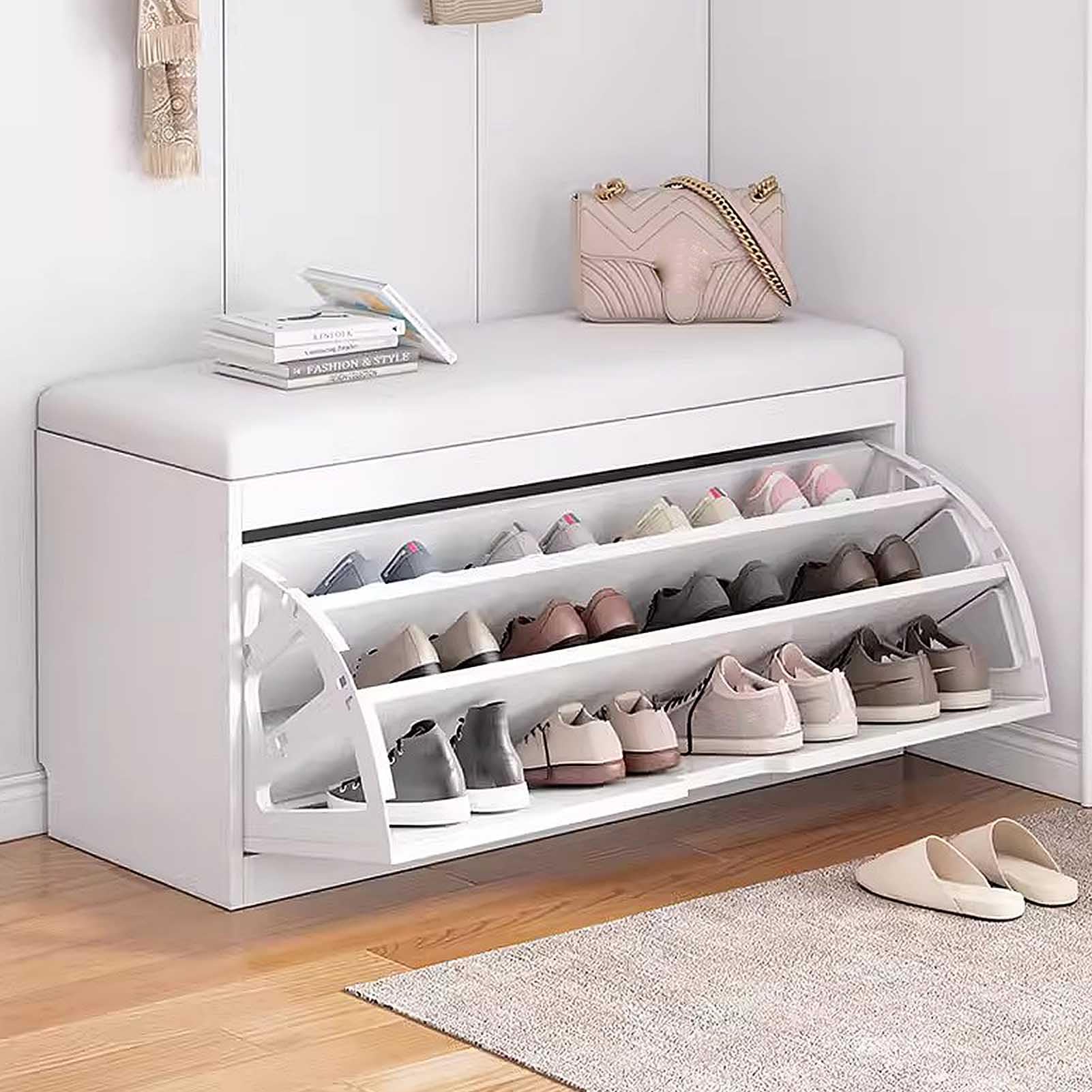 Bancs à chaussures avec assise confort et tabouret blanc