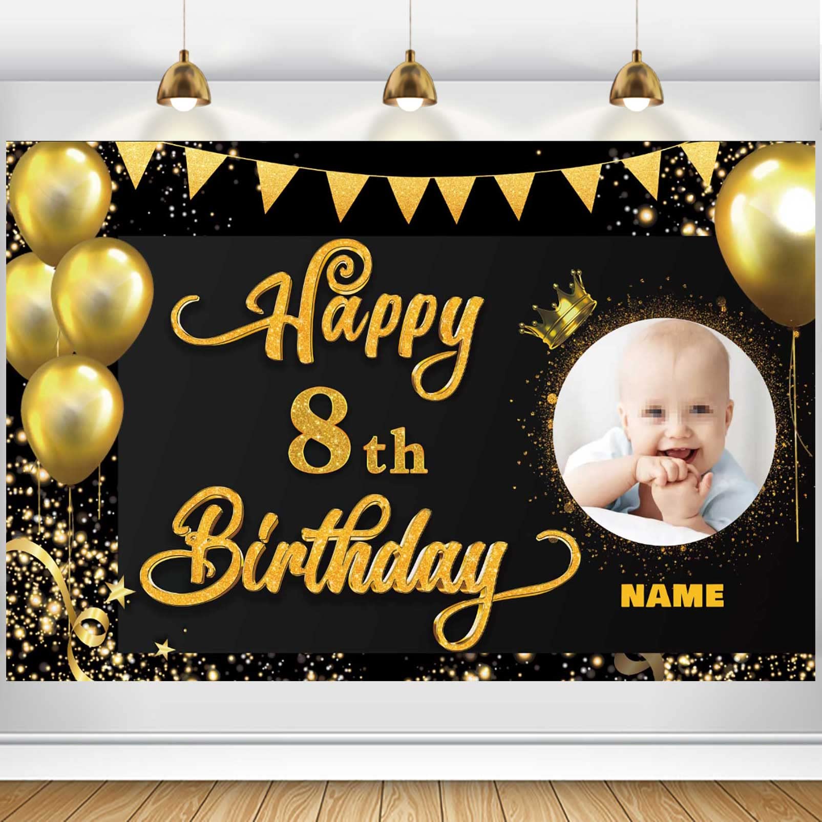 AUBAO Custom Happy 8th Birthday Decorations Banner -8 Years Old Backdrop forwomenmen Boys Girls - Personalization Party Supplies Black and Gold, 4x6ft