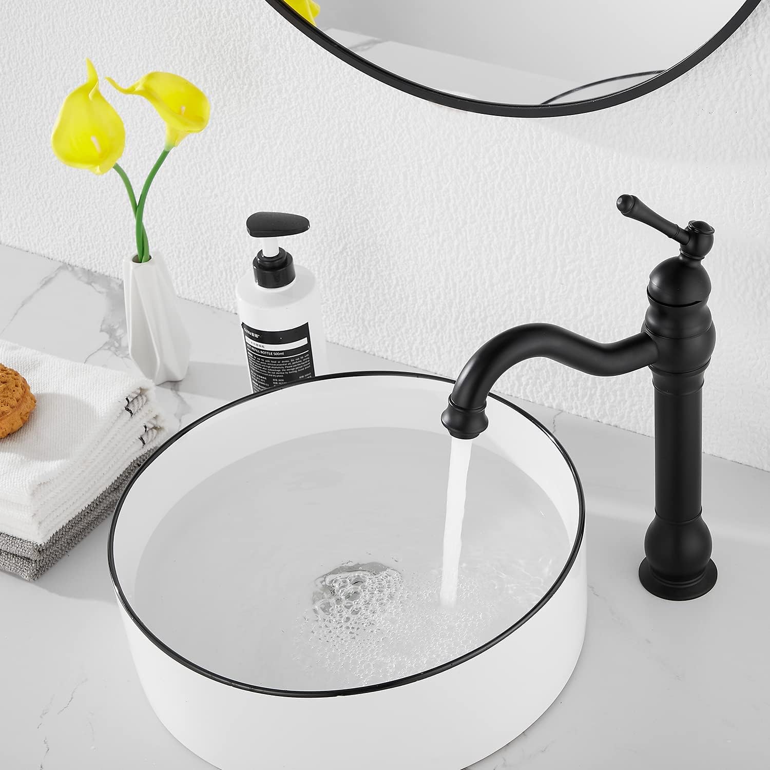 Black Friday - 60% OFF Black Bathroom Faucet GGStudy 360° Swivel Single-Handle One Hole Bathroom Vessel Sink Faucet Matching Pop Up Drain