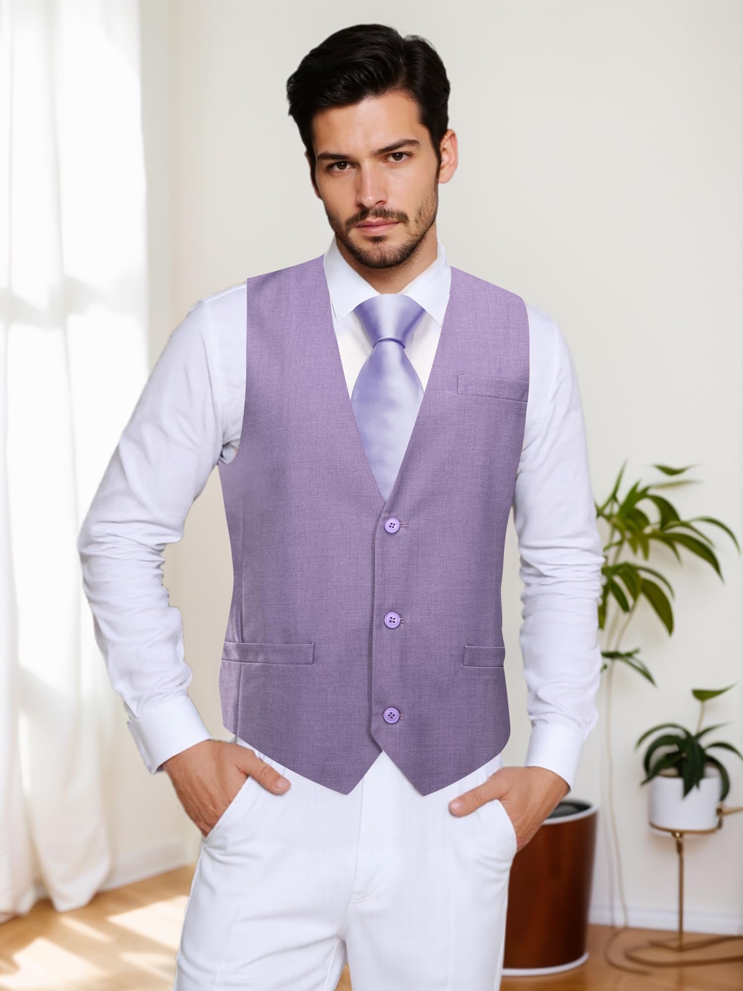 Mens Light Purple Waistcoat V-Neck Sleeveless Suit