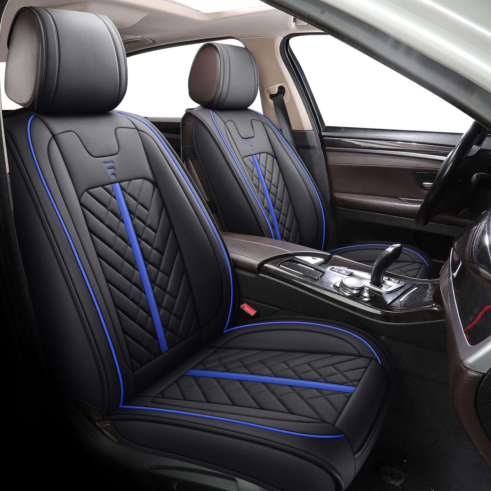 YOUXIU Autositzbezüge Set Wasserdicht Kunstleder Komplettset, Schwarz-Blau | Car Seat Covers Compatibel mit Volkswagen Subaru BMW Audi Benz Sitzschoner Auto-Schonbezüge
