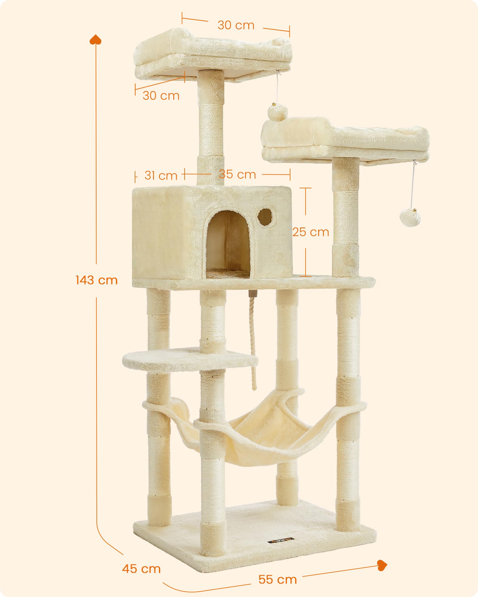 Feandrea Arbre à Chat Hauteur 143 cm, Tour de Jeux pour Chat, avec 11 Poteaux à Griffer, 2 Plateformes, 1 Niche, 1 Hamac, 2 Pompons, en Tissu Peluche, Plusieurs Niveaux, Beige PCT15BE