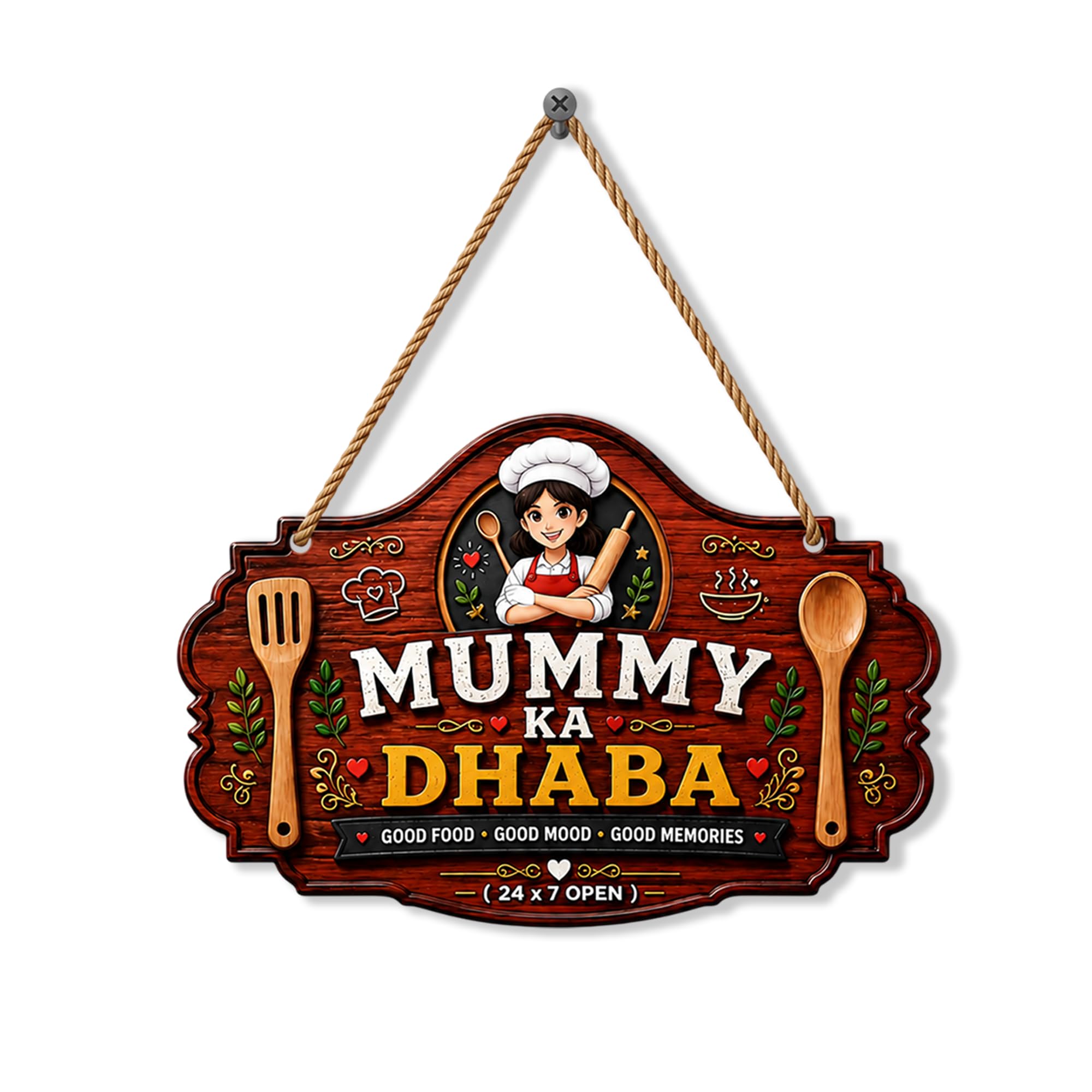 Smart Wooden Wall Hanging Mummy Ka Dhaba Sign Board | Best Gift for Mom | MDF Rustic Kitchen Plaque with Cartoon Mom Chef Illustration | Decorative Hanging for Home Kitchen, Restaurant -(01-0302)-image-2