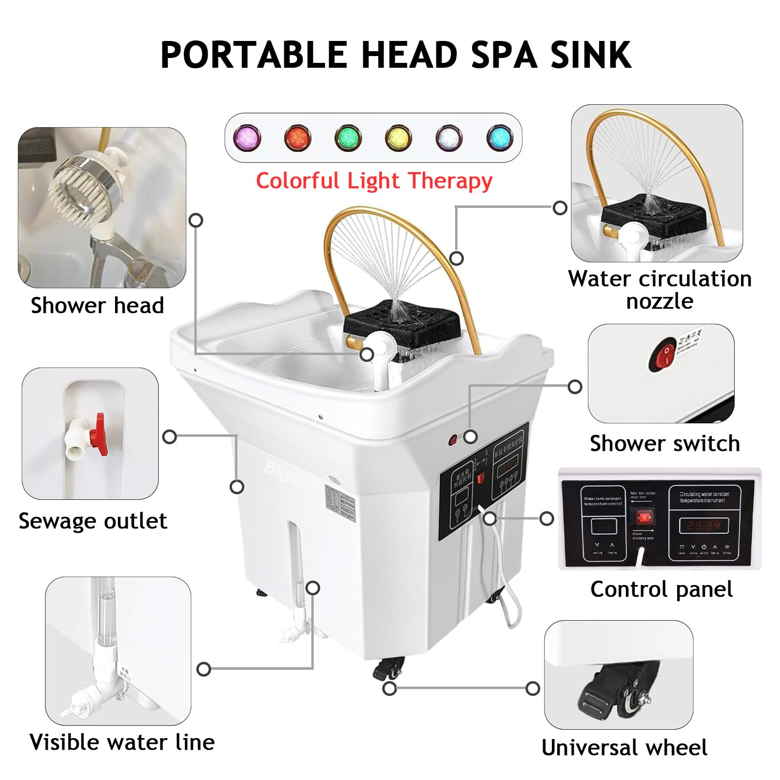 Head-Spa-Ausrüstung Mobiles Shampoo-Becken mit 60-l-Wassertank 4 Universalräder, Kopf -Spa -Geräte Wasserzirkulation Shampoo -Becken, Tragbares Waschbecken für Spa und den Einsatz im Salon White-Set2