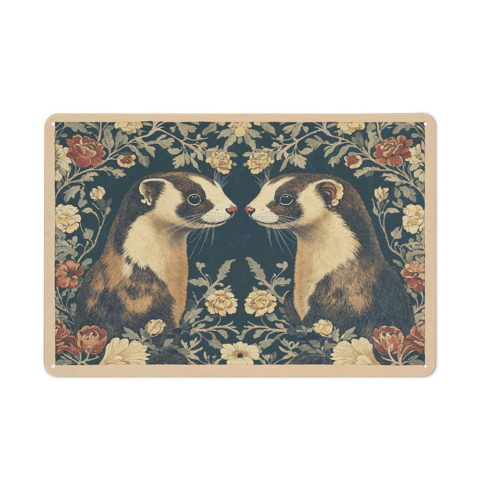 Junmoney Style-4 Ferrets William Morris Botanical Decorative Tin Sign 20X30cm, Rustic Rustic Kitchen Decor For Kitchen, Cottage, Porch Or Garden Room