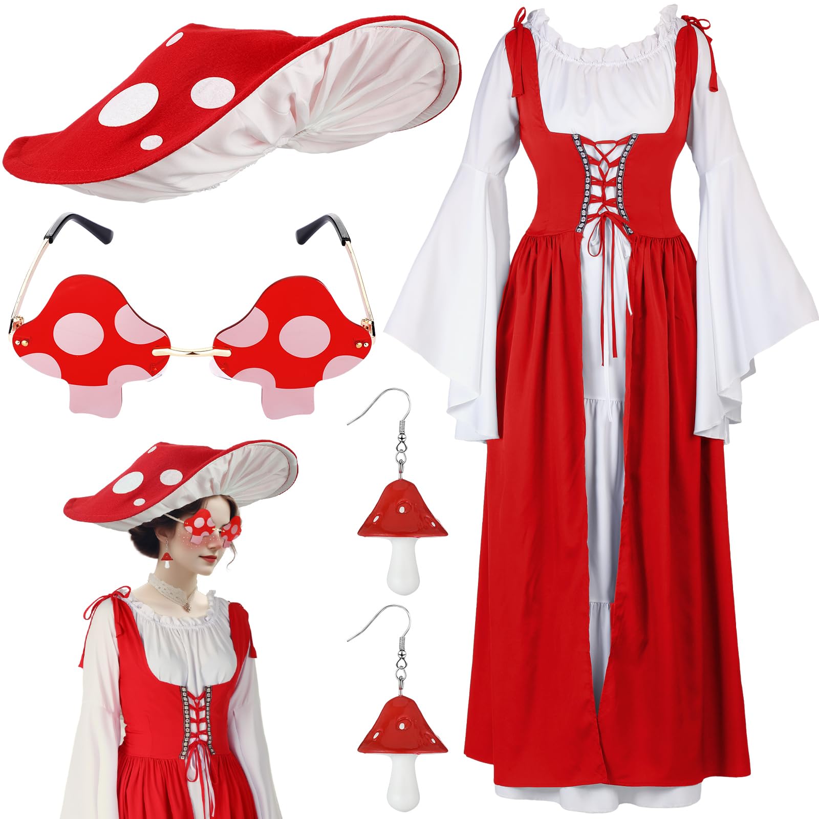 Photo 1 of Zoooyawn Renaissance Mushroom Medieval Costume with Hat Sunglasses Dangle Earrings Women Victorian Fairy Dress Cosplay(2xl-3xl)