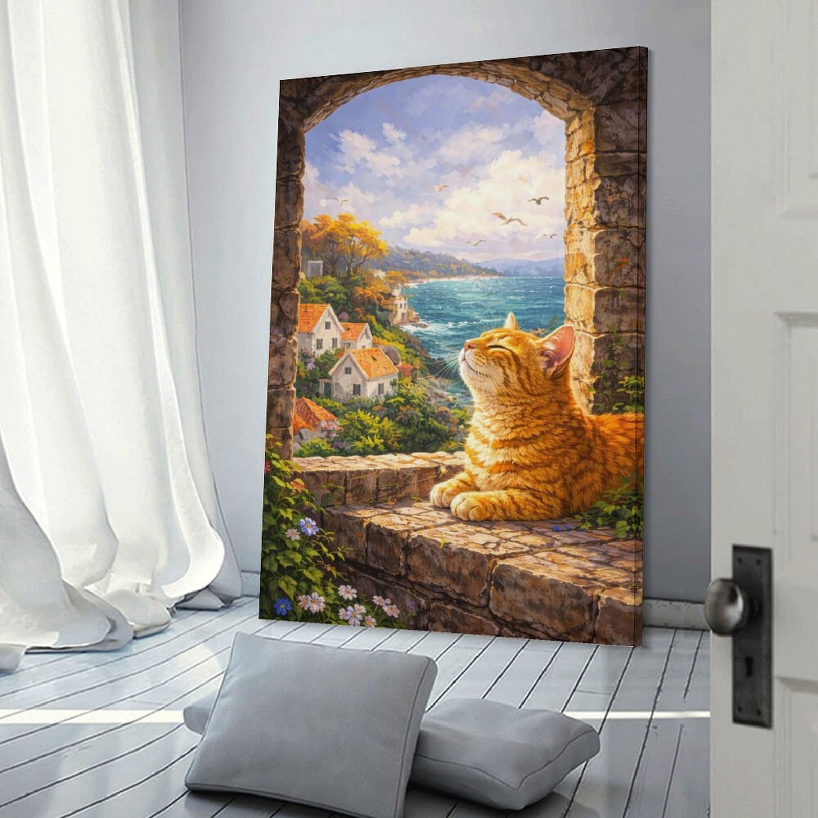 Junmoney Frame-Style-20 Cat Enjoying A Scenic View Wall Picture Print, 12X18inch(30X45cm), For New Homes, Bedrooms Or Workspaces, Thoughtful Wall Decor For Art Lovers