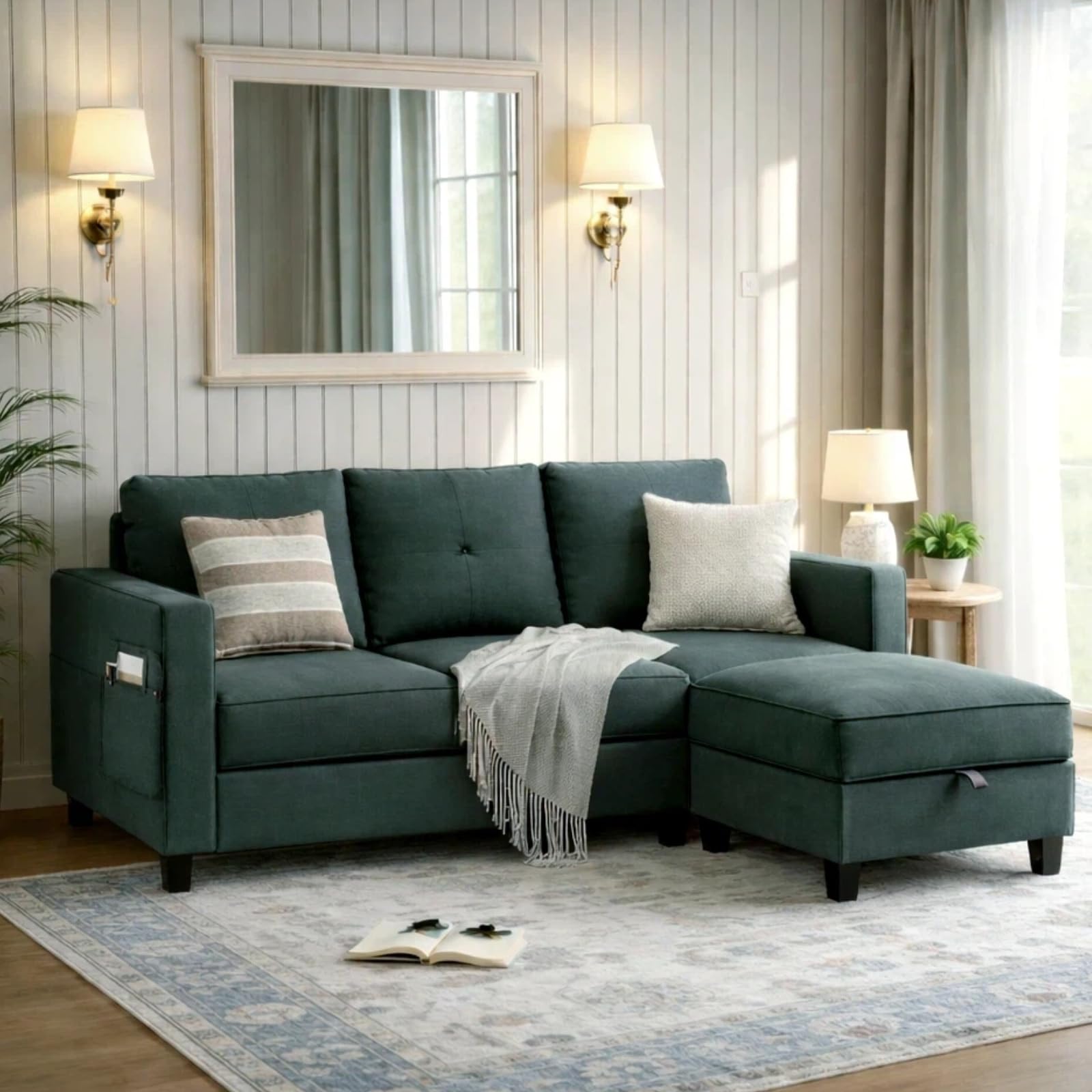 JAMFLY Convertible L-Shaped Sectional Sofa with Reversible Storage Ottoman 3-Seat Modern Fabric Couch for Living Room Small Space