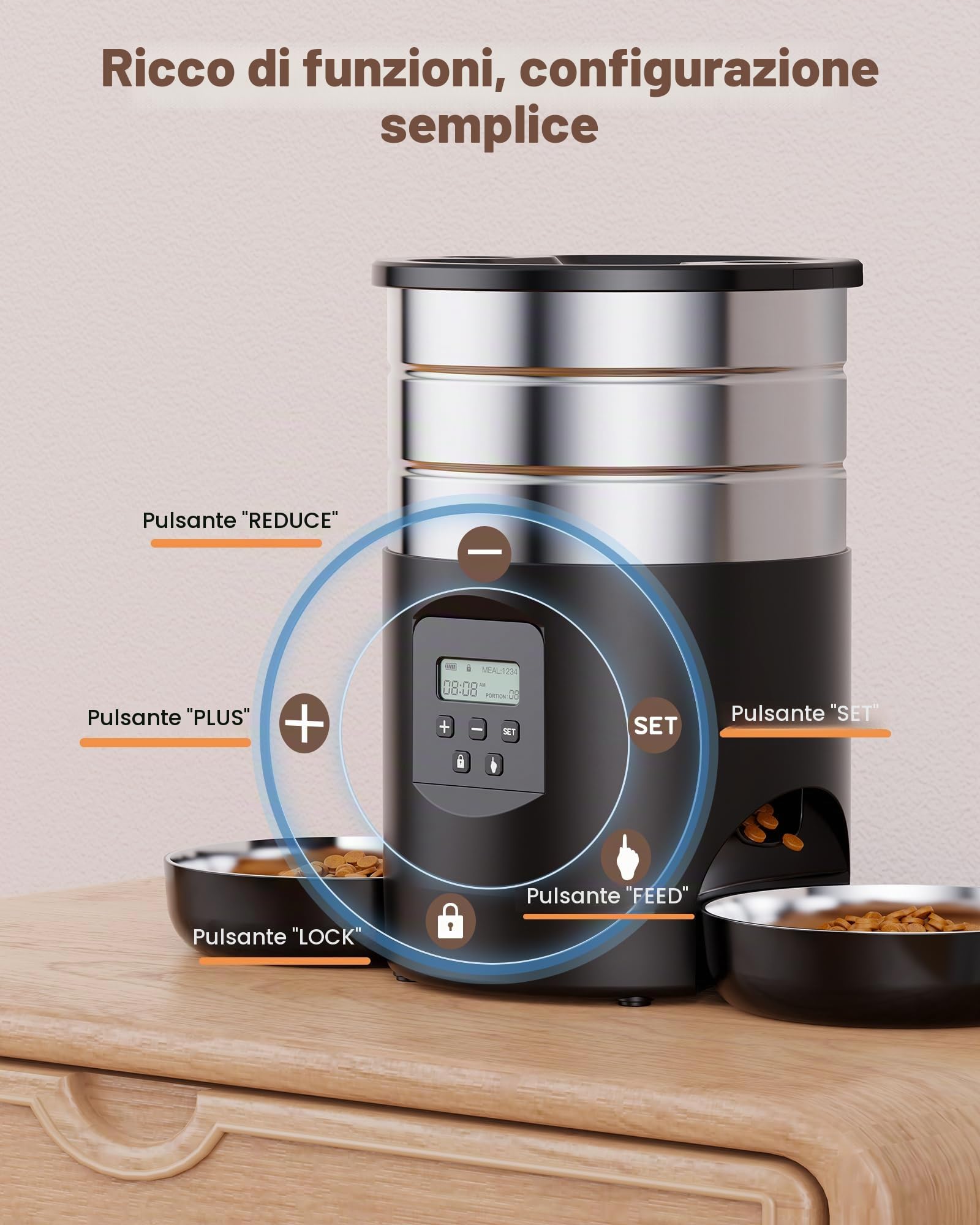 Distributore Automatico Cibo Gatti Doppio: Dispenser Crocchette Gatto Acciai Inossidabili - Erogatore Cibo Cani con Timer Programmabile - 5L Dosatore Crocchette - Mangiatoia Automatica con 2 Ciotola