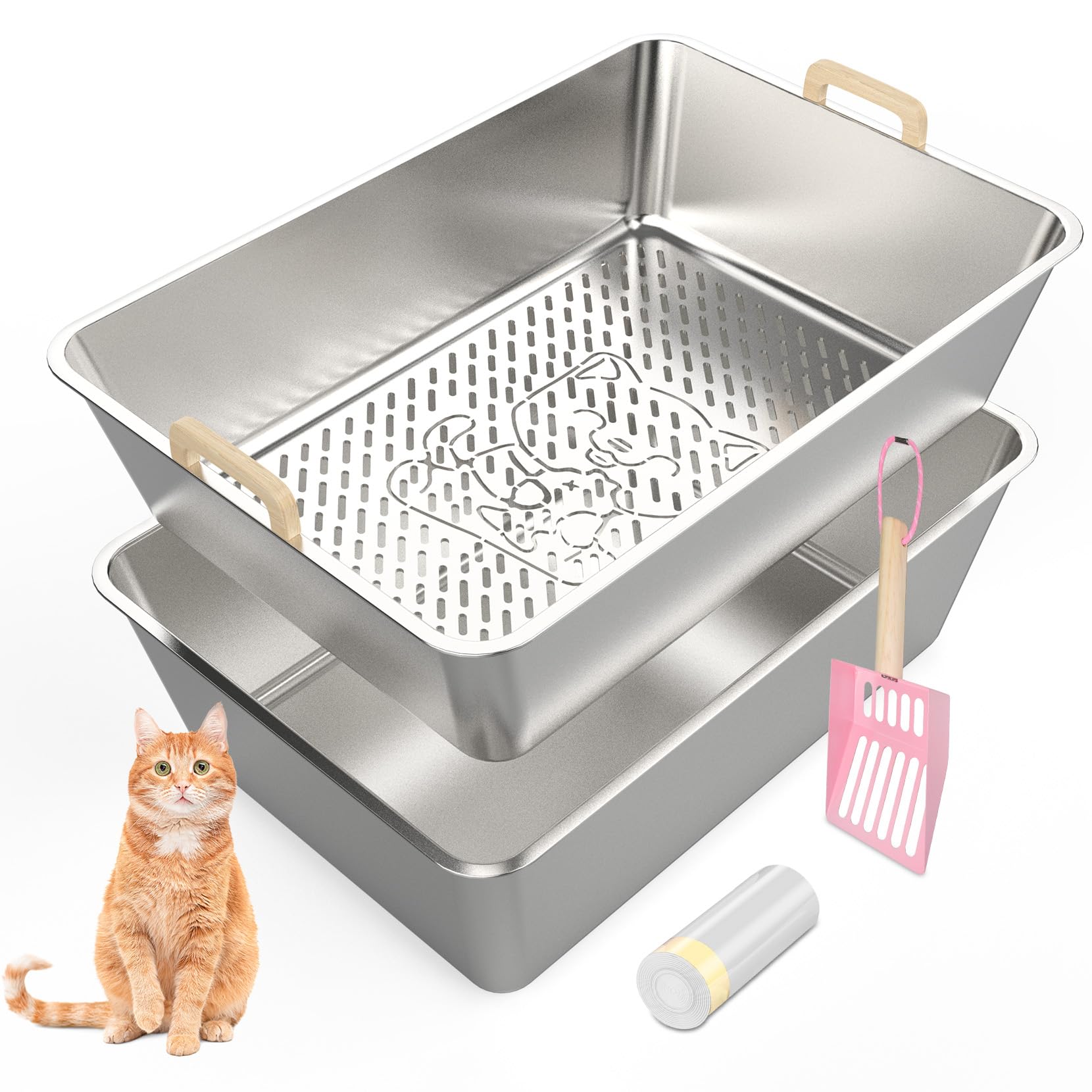 23.6''x16''x8'' Stainless Steel Sifting Cat Litter Box, XL Sifting Litter Box for Pine Pellets, High Sides Metal Litter Box System for Big Cats, Anti-Leakage, Easy Cleaning, Less Tracking