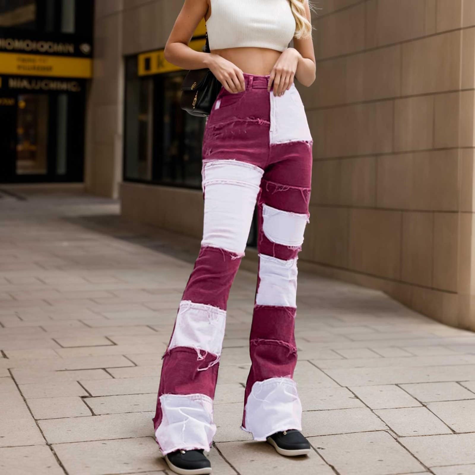 Jeans Skinny a Vita Alta con Toppe a Contrasto da Donna, Pantaloni in Denim con Orlo a Vita Alta, Stile Boyfriend