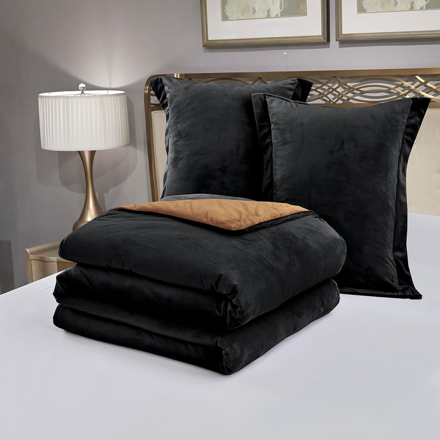 Luxury Fluffy Velvet Comforter Set, 3 Pieces Reversible Comforter King Size with 2 Pillow Shams,Velvet Front and Back, All Season Cozy, Soft, Warm, Middle Weight (Black Caramel, King)