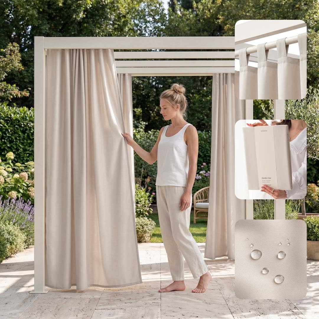 ROOM99 Garden Line Outdoor Curtain with Loops, 155 x 270 cm Width x Height Outdoor Curtain, Weatherproof, Waterproof Privacy Screen, Sun Protection Curtains, Garden, Windproof, Light Beige