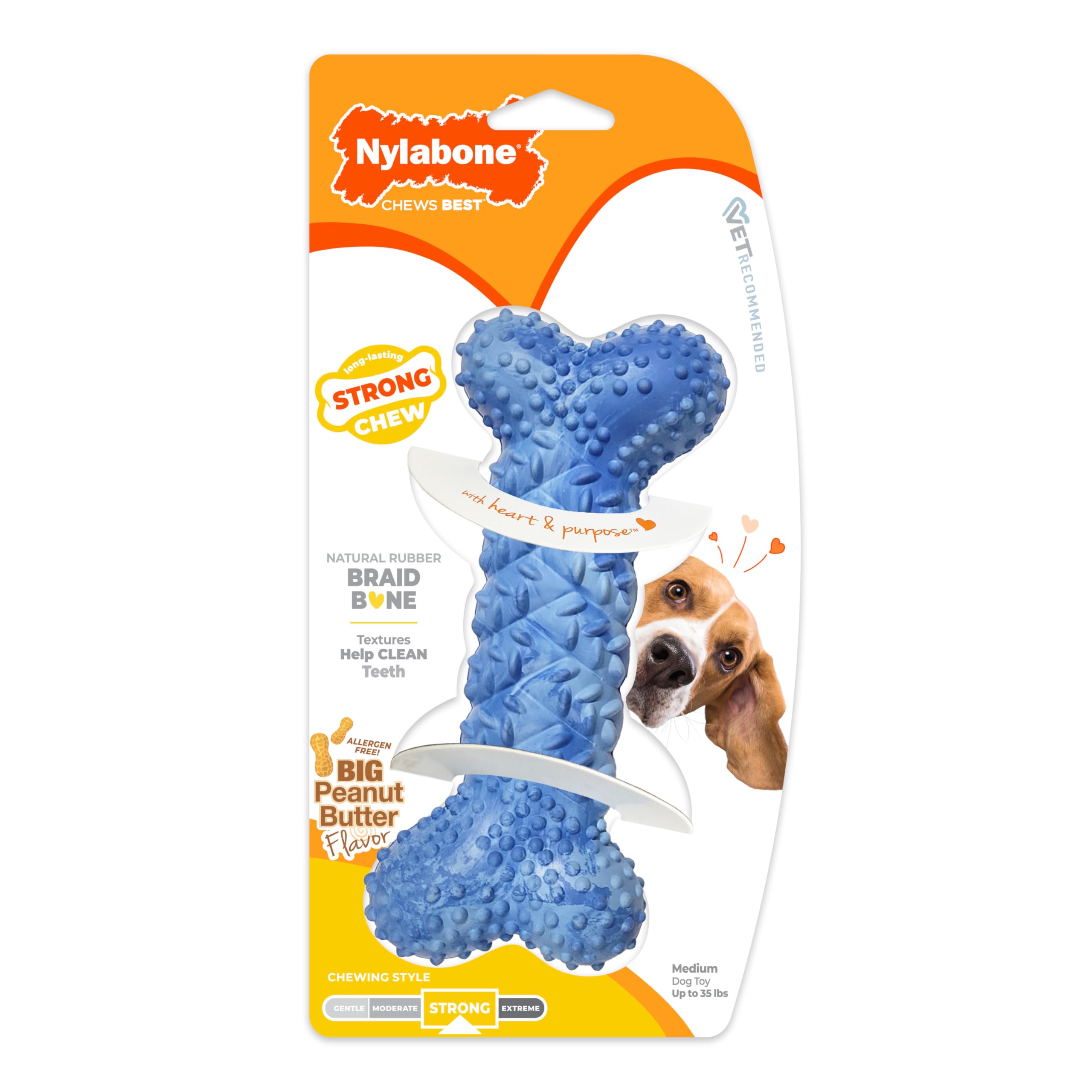 Nylabone Braid Bone Starkes Kauspielzeug für Hunde, Naturkautschuk-Hundespielzeug für Moderate und Aggressive Kauer, Erdnussbutter-Geschmack, mittelgroße Hunde – bis zu 15,9 kg, 1 Stück