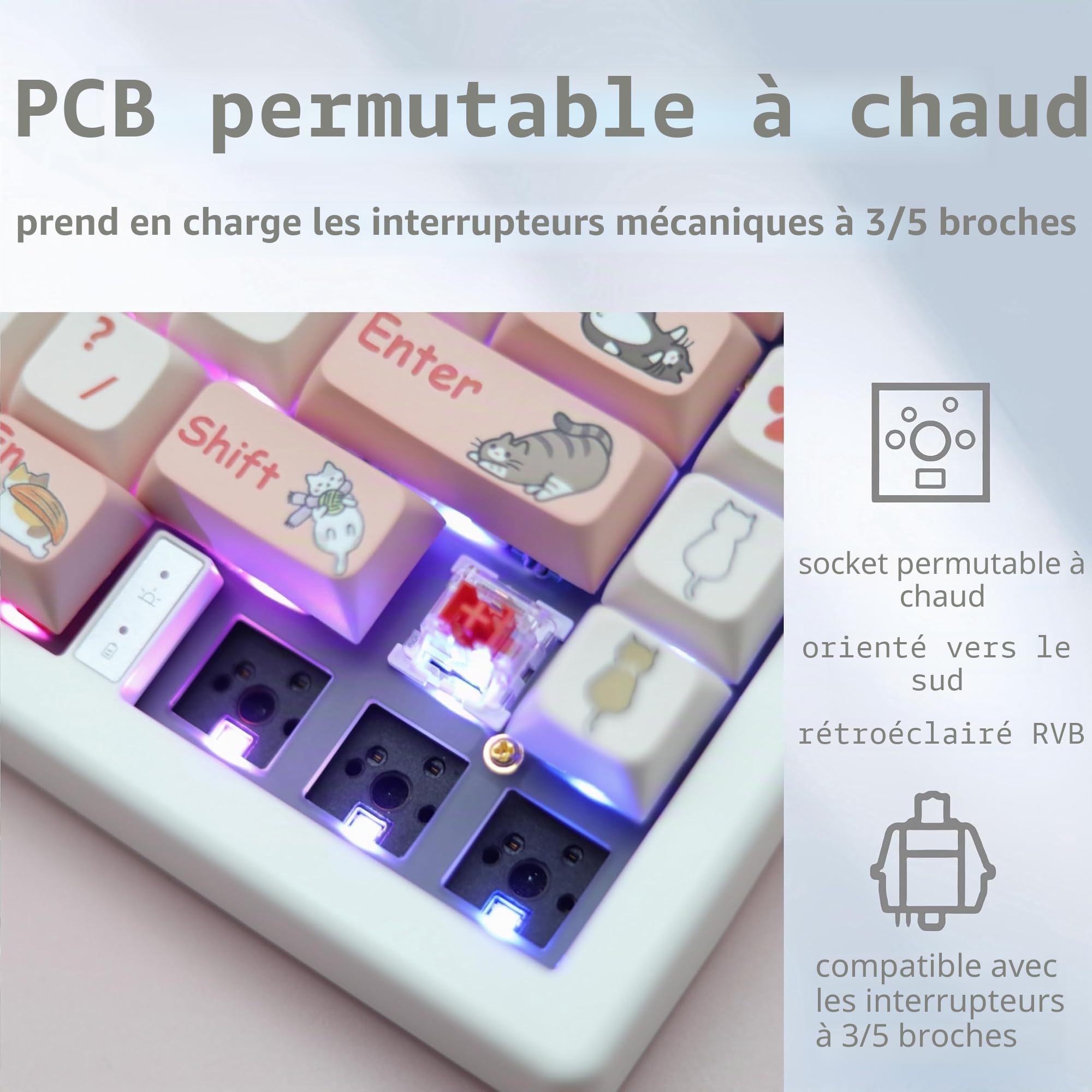 GMK67 Kit de clavier mécanique 65 % trimode orienté au sud RVB LED pour commutateurs 3/5 broches, 66 touches + 1 bouton, prise à chaud PCB, joint d'étanchéité, kit de clavier à monter