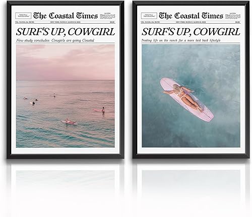 Miniatura 1 de 2 piezas de lienzo de playa rosa de moda, arte de pared, diseño de vaquera costera, decoración estética, póster de tabla de surf occidental,