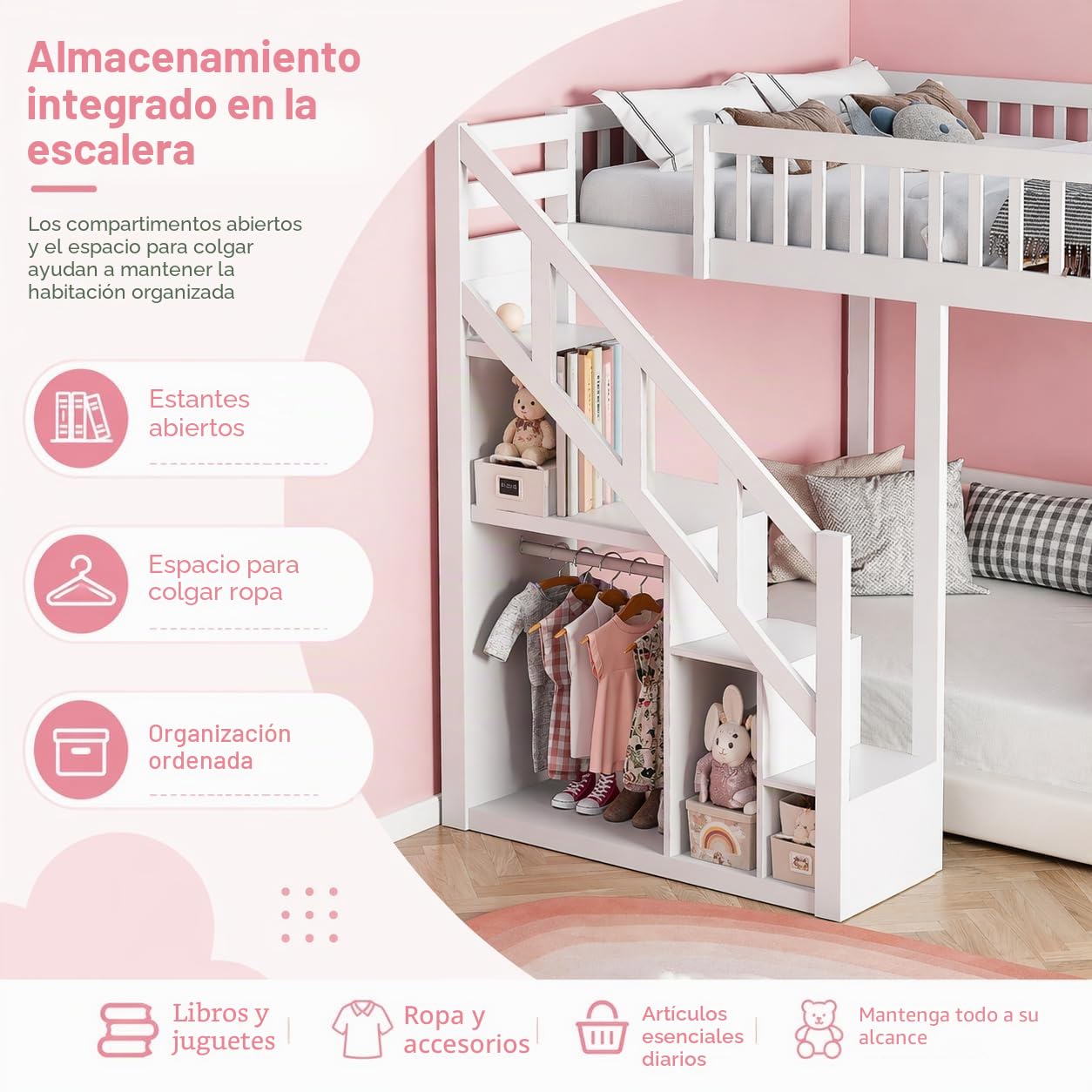 Litera de 90 x 200 cm, Cama Infantil de Madera Maciza con Escalera de Seguridad y Armario de Almacenamiento, Cama Juvenil con somier de láminas, Cama Infantil Multiusos para habitación