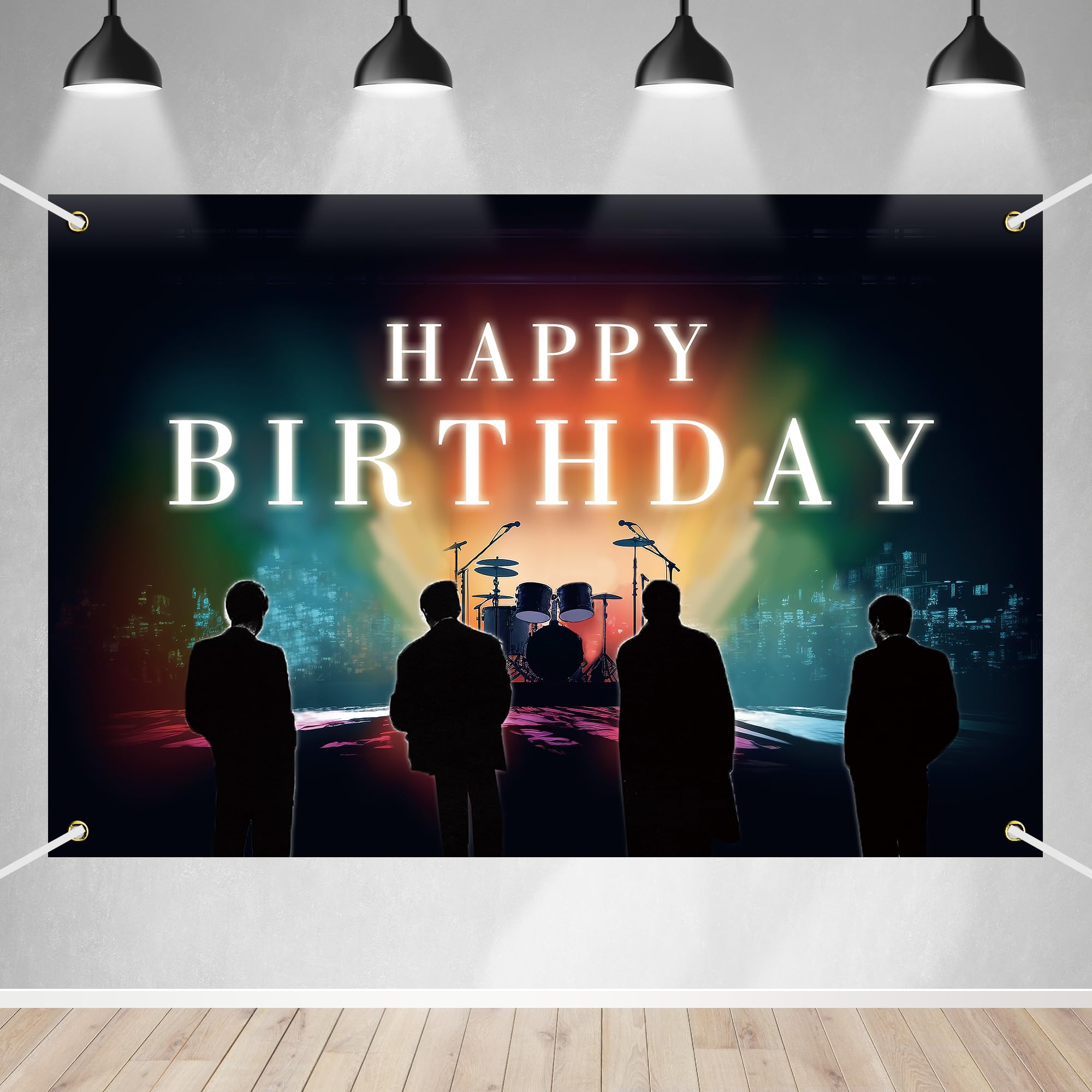 BECKTEN Rock N Roll Happy Birthday Banner Backdrop Four Musician Stage Music Album Cover Background Decor for Vocalist Drummer Guitarist Bassist Birthday Party Favors Decorations Supplies 70.8x47.2in-