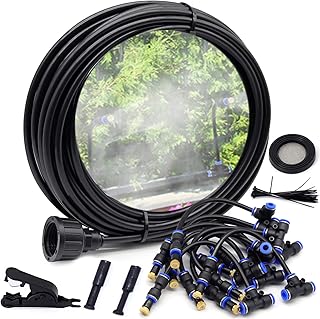Misting Cooling System, DIY 33 FT(10M) Misting Line + 10 Rotatable Brass Mist Nozzles + A Adapter(3/4") Outdoor Mister for Patio Garden Greenhouse Trampoline Farm, for Watering Cooling Fogging Black