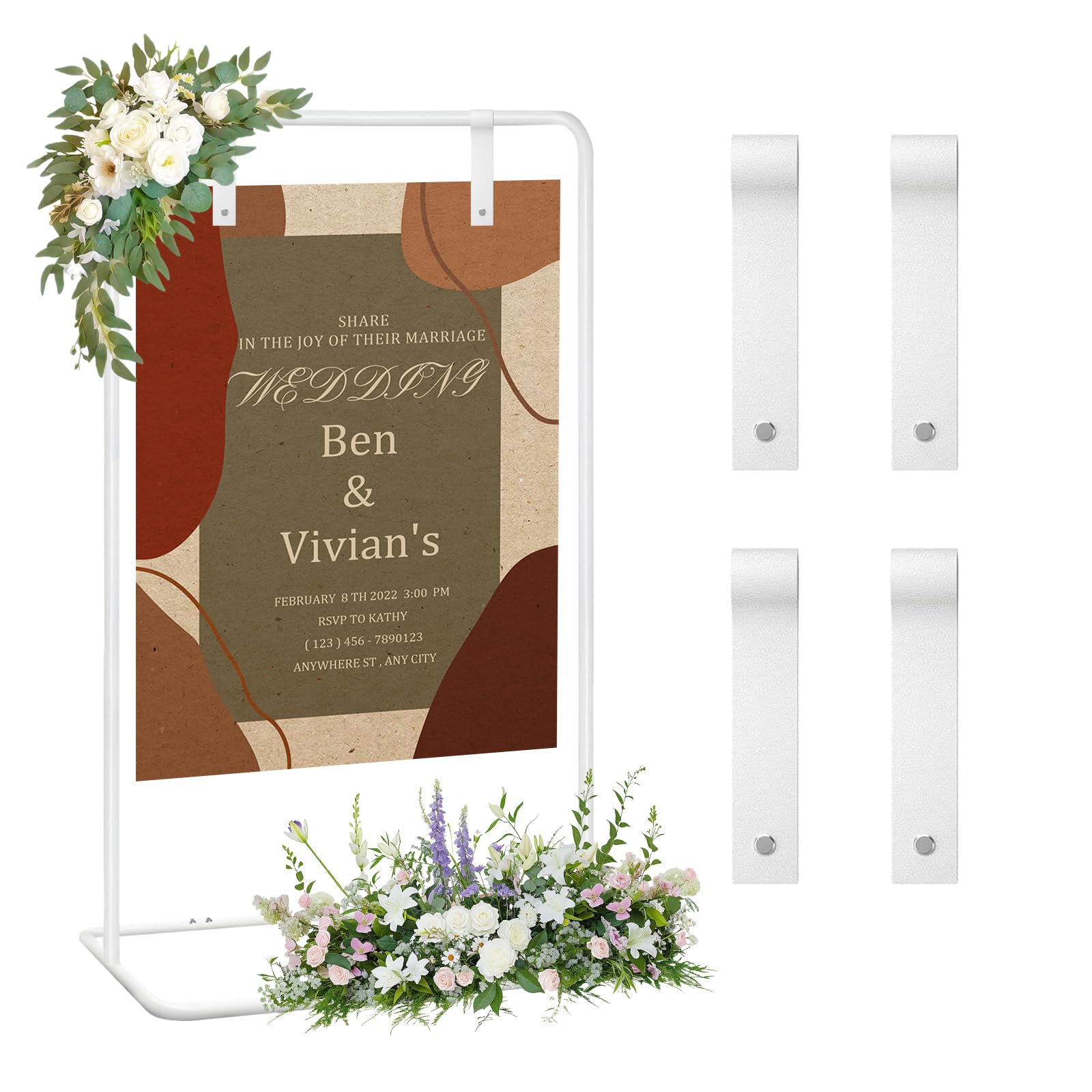 Support de panneau de mariage, 173x80x50cm, Support d'affiche de mariage réglable avec 4 sangles en cuir, adapté au plan de table, à la réception, aux affiches et à la décoration (Blanc)
