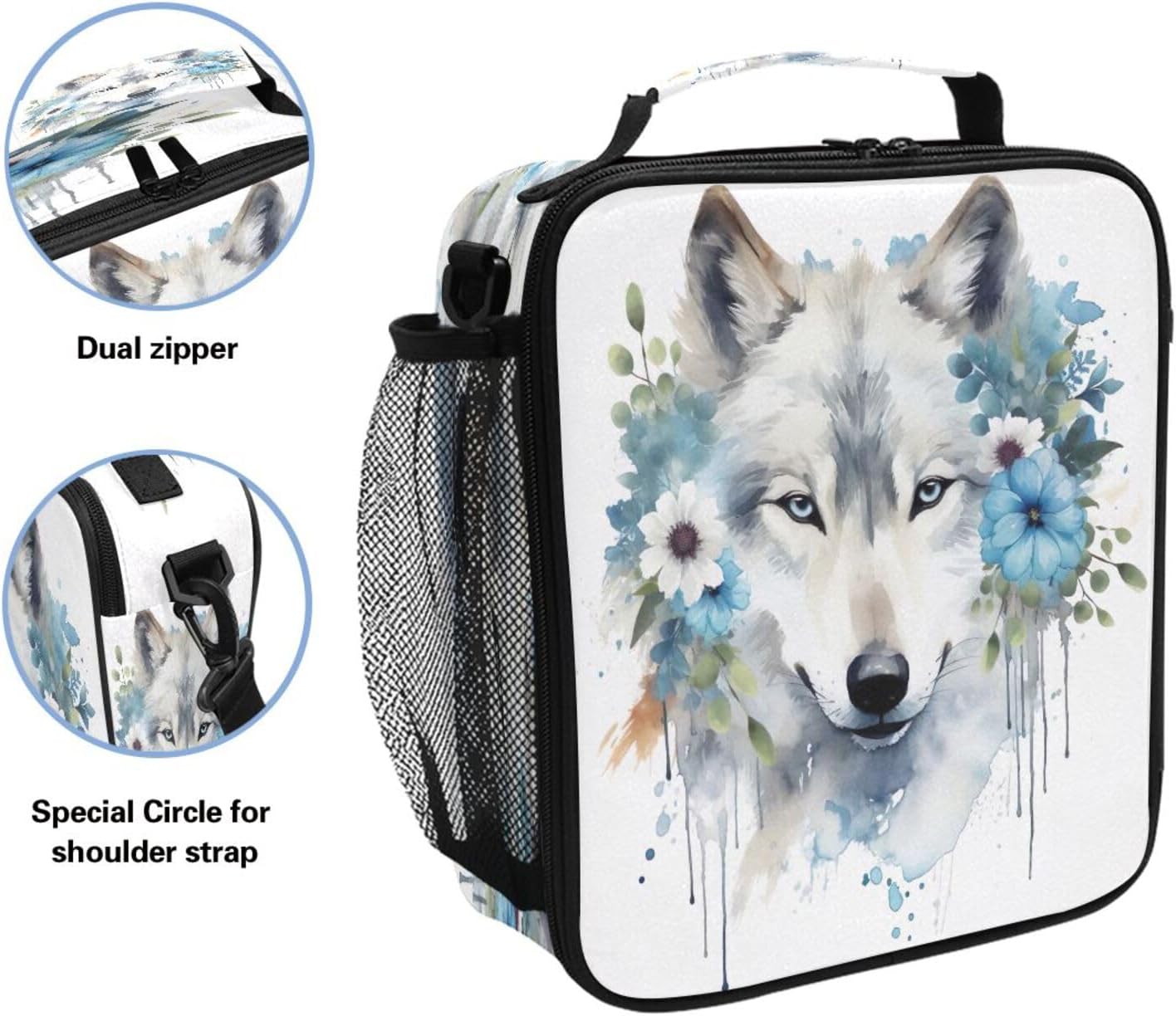 Wolf Flower Lunch Box Bag Large for Boys Girls Kid Insulated Lunch Bags Food Container Reusable Lunchbox Portable Meal Prep Containers Reusable for Adults Camping Travel School