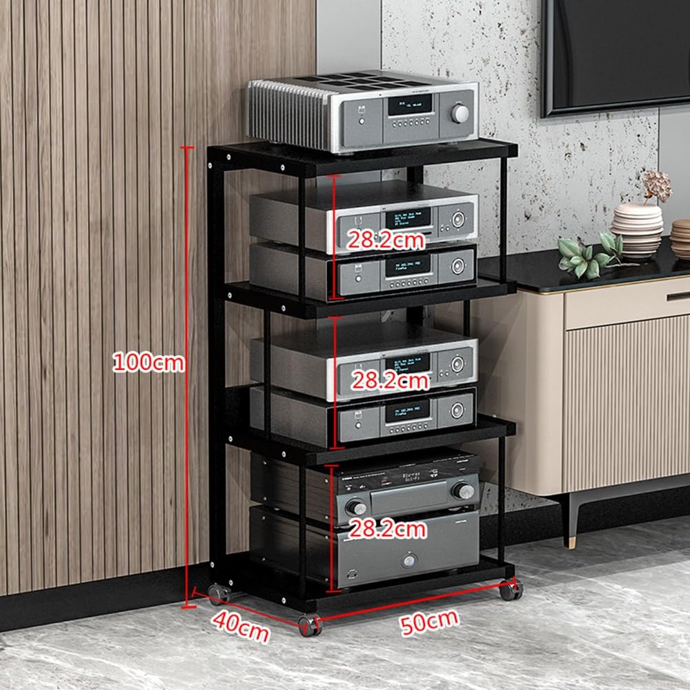 4-poziomowa przenośna szafka HiFi AV z półką narożną, uchwyt na wzmacniacz i płytę winylową, nowoczesny design, czarny, wytrzymały, wysokość 100 cm.